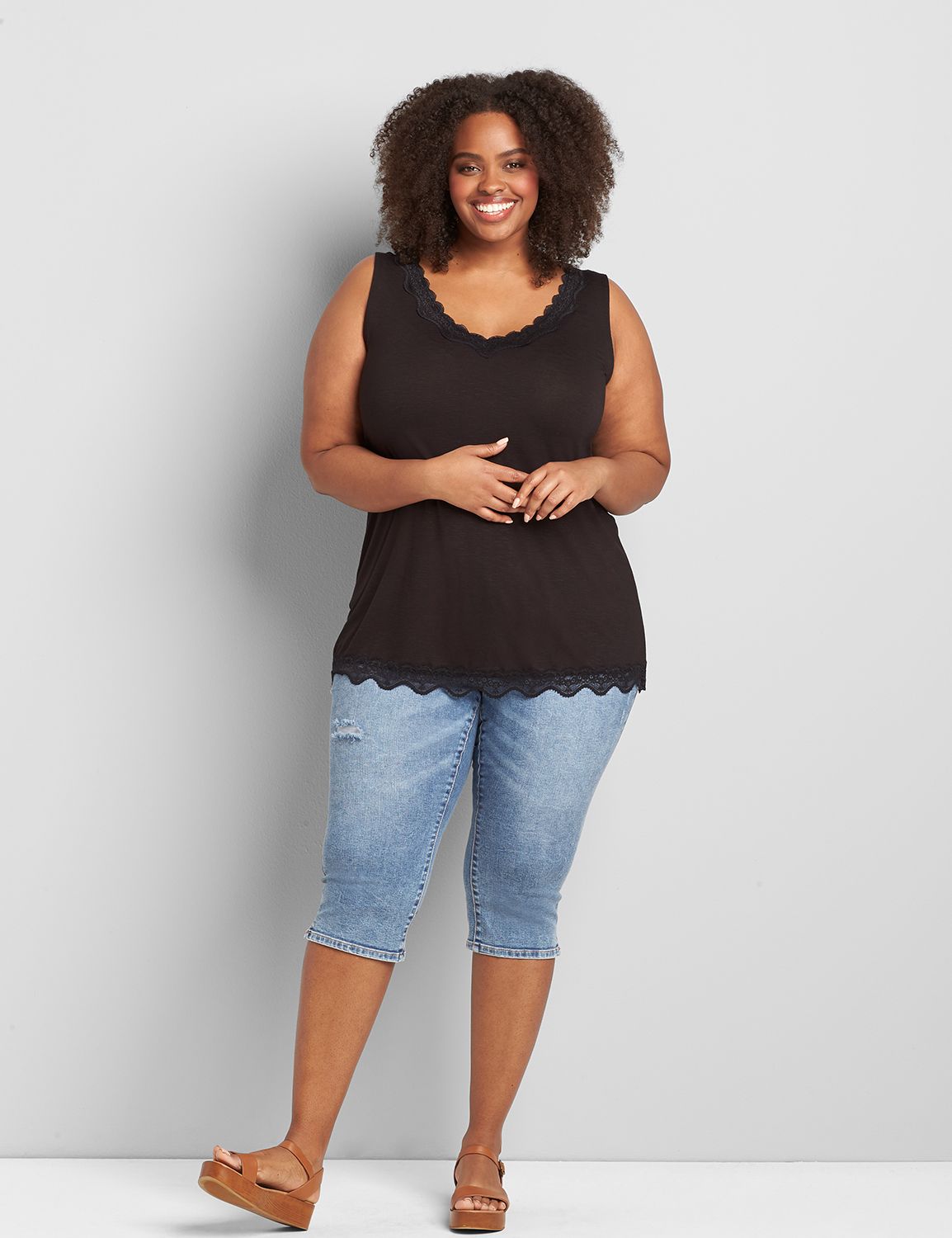 Lacy Dreams V-Neck Trim Detail Solid Sleeveless Knit Top