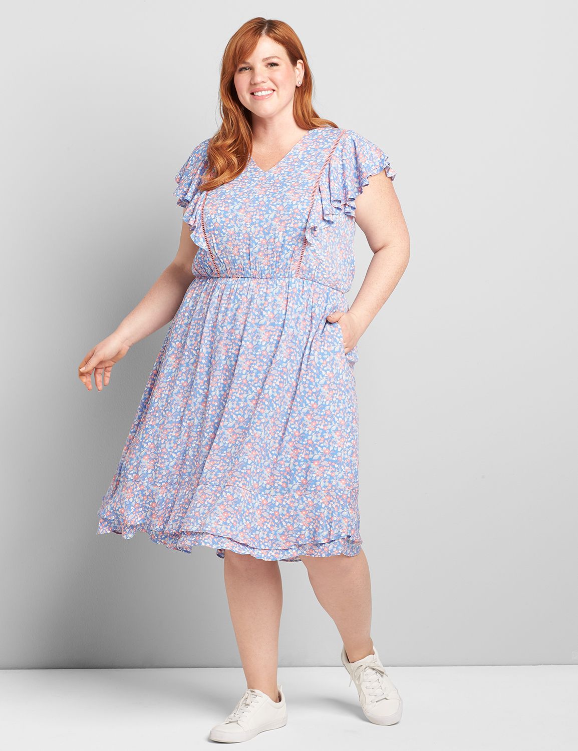 Cap Ruffle Sleeve V Neck Fit And Flare Romantic Dress 1120602:LBSU21316_FloralGarland_colorway2:20 Product Image 1