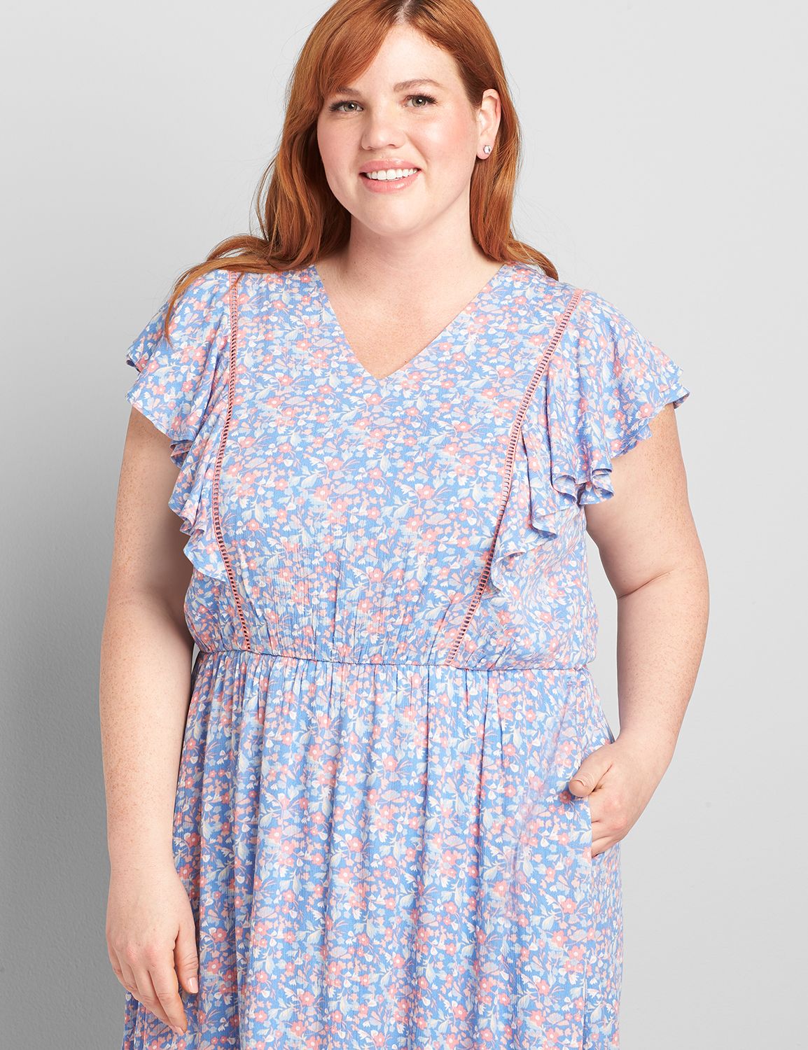 Cap Ruffle Sleeve V Neck Fit And Flare Romantic Dress 1120602:LBSU21316_FloralGarland_colorway2:20 Product Image 3