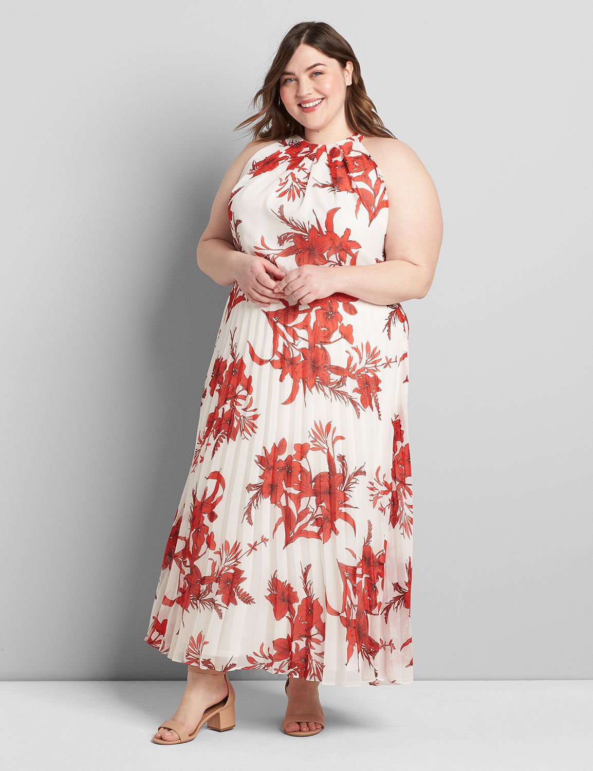 Lane Bryant Women's Halter Pleated Maxi Dress 12 White/Red Botanical Print