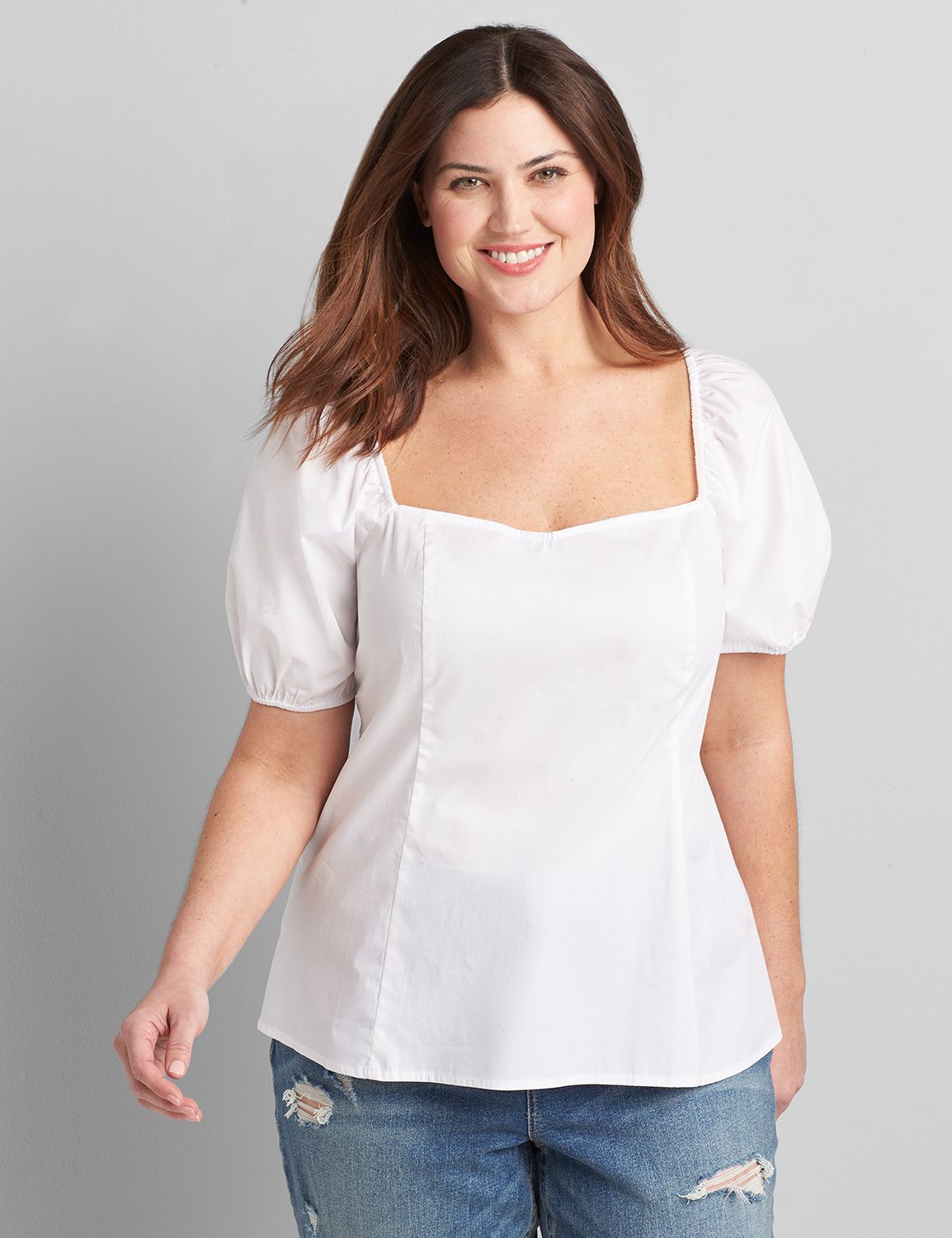Flight Attendant Sweetheart Puff Sleeve Crop Top with Triangle Back