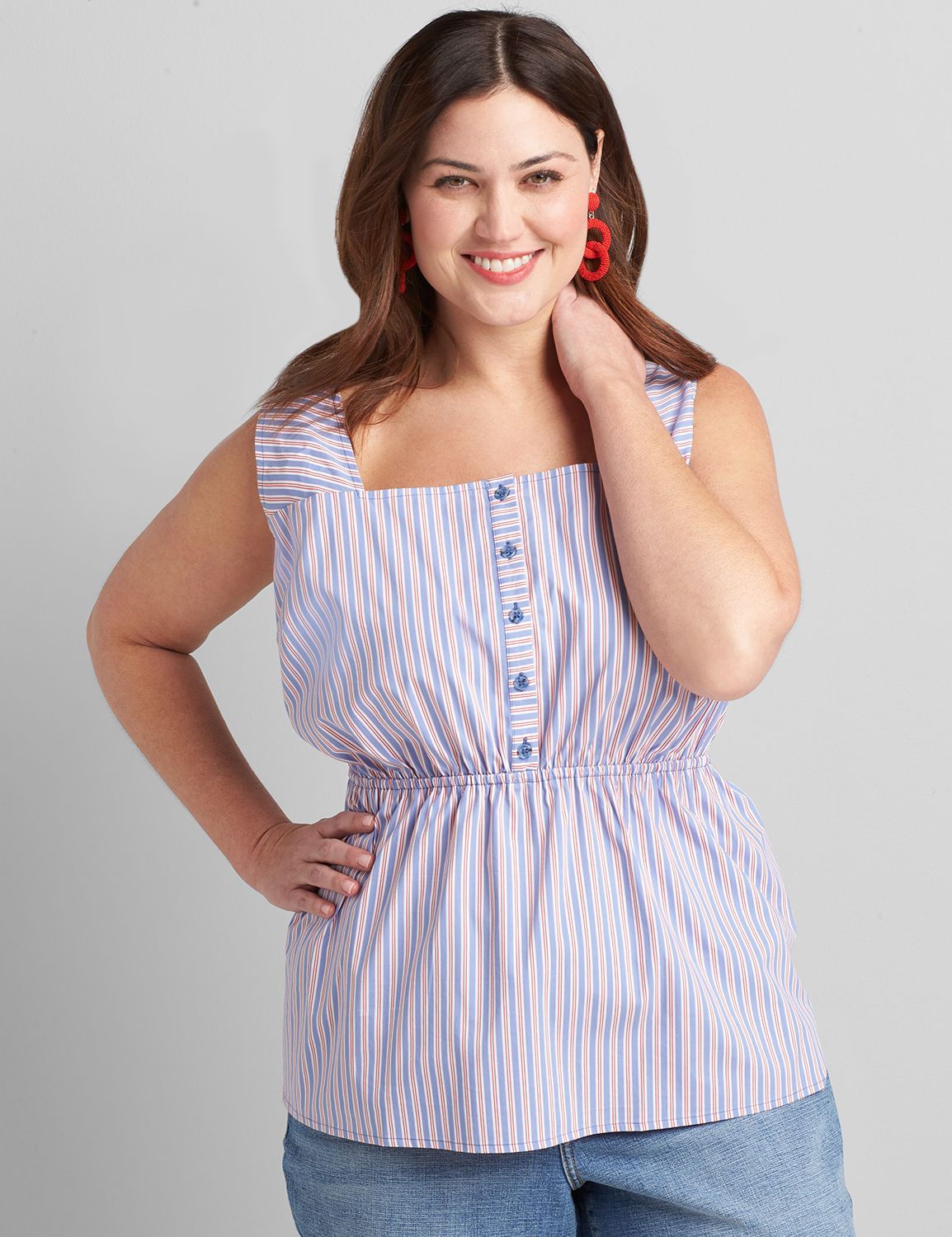 Sleeveless Button Down Peplum Strip Product Image 1