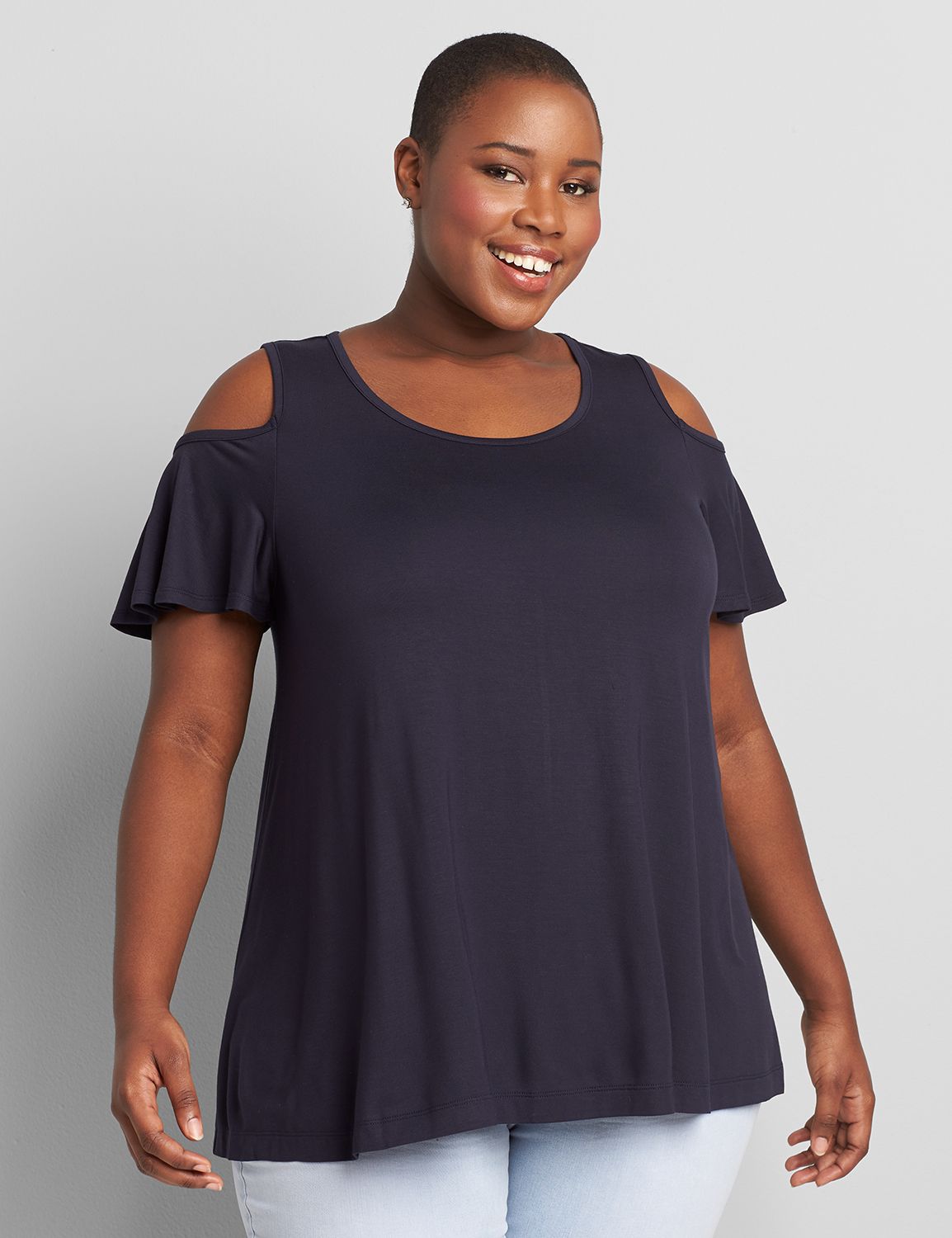 Cold Shoulder Short Sleeve Scoop Neck Swing Tee 1120410:PANTONE Night  Sky:38/40