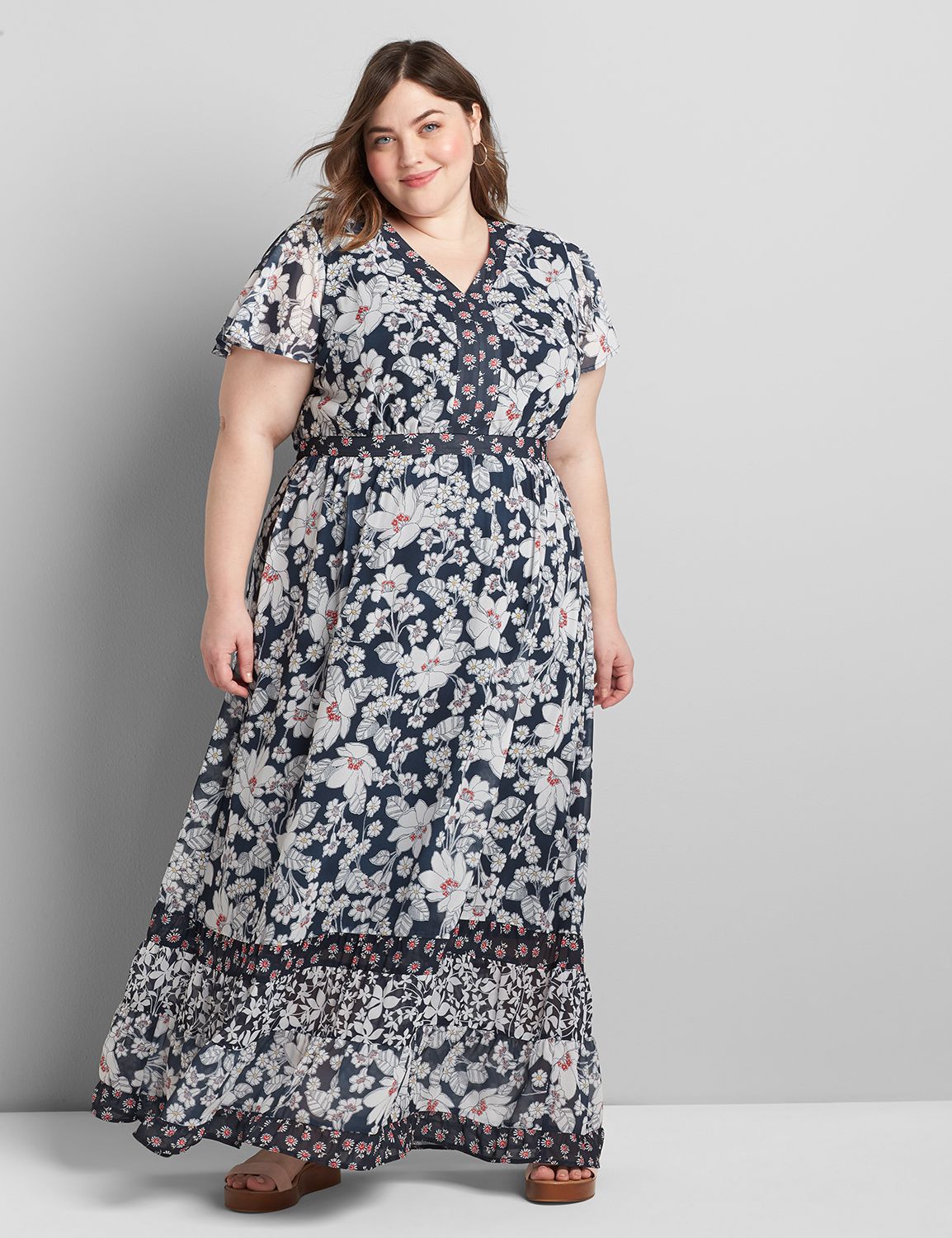 Lane Bryant Women's Mixed-Print Flutter-Sleeve Maxi Dress 14 Florence Floral