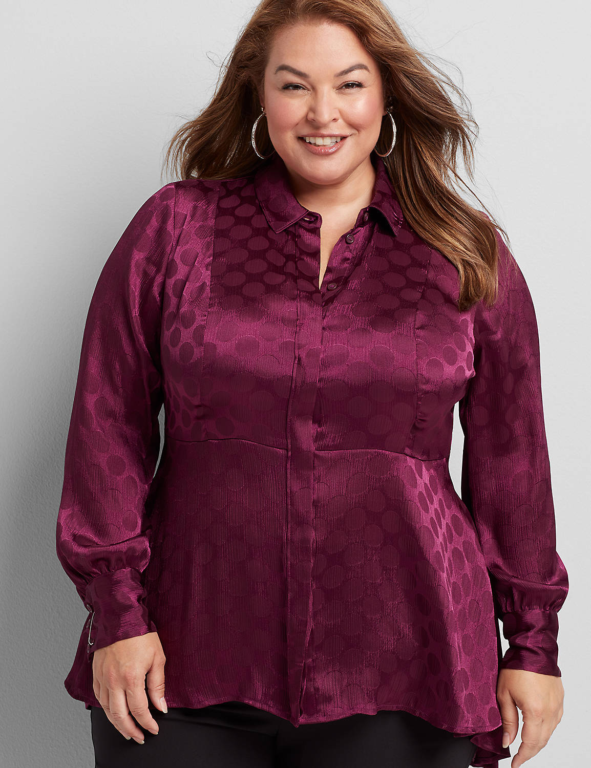 Long Sleeve Button Front High Low Tunic Novelty Jacquard Blouse 1114689:PANTONE Pickled Beet:14 Product Image 1