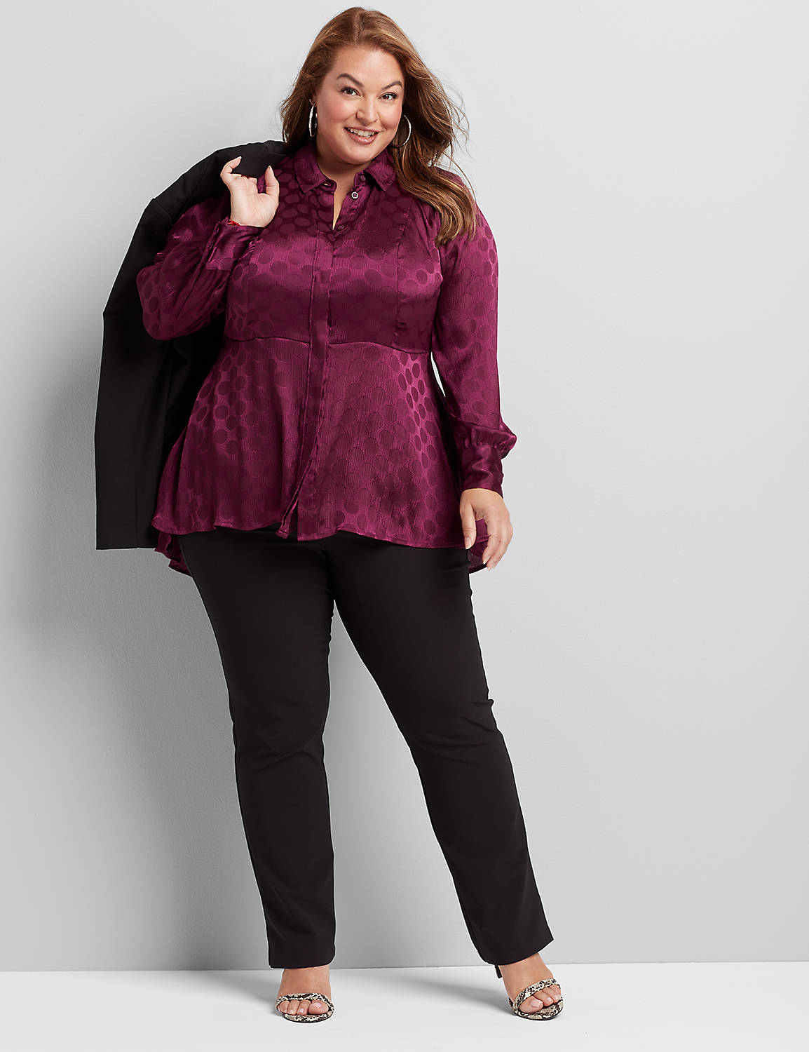 Long Sleeve Button Front High Low Tunic Novelty Jacquard Blouse 1114689:PANTONE Pickled Beet:14 Product Image 3