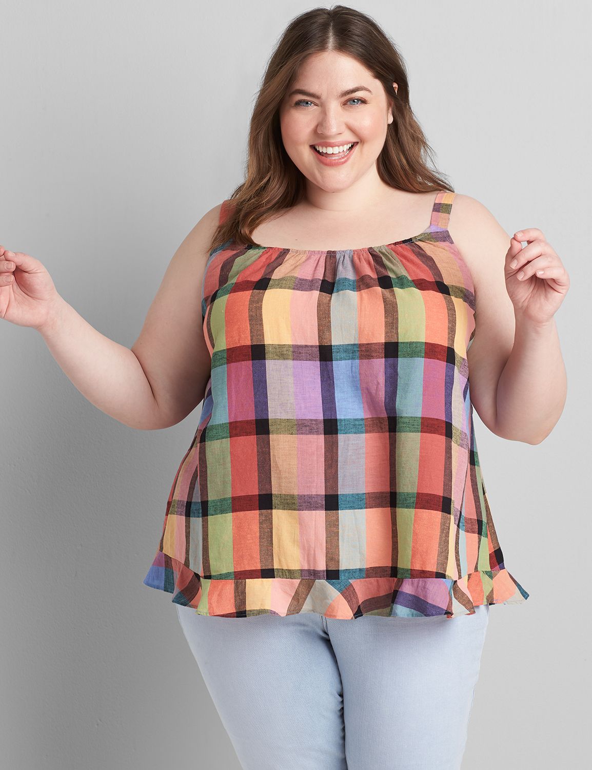 Sleeveless Ruffle Hem Plaid Cami 1120600:LBF21209FormaPlaidV5:22 Product Image 1
