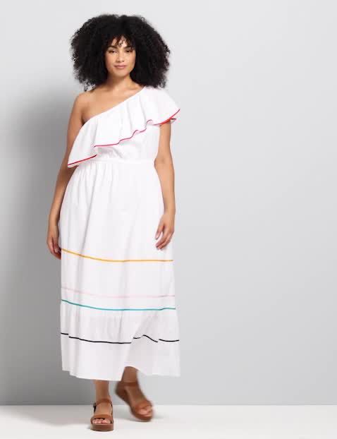 White One Shoulder Ruffle Hem Maxi Dress