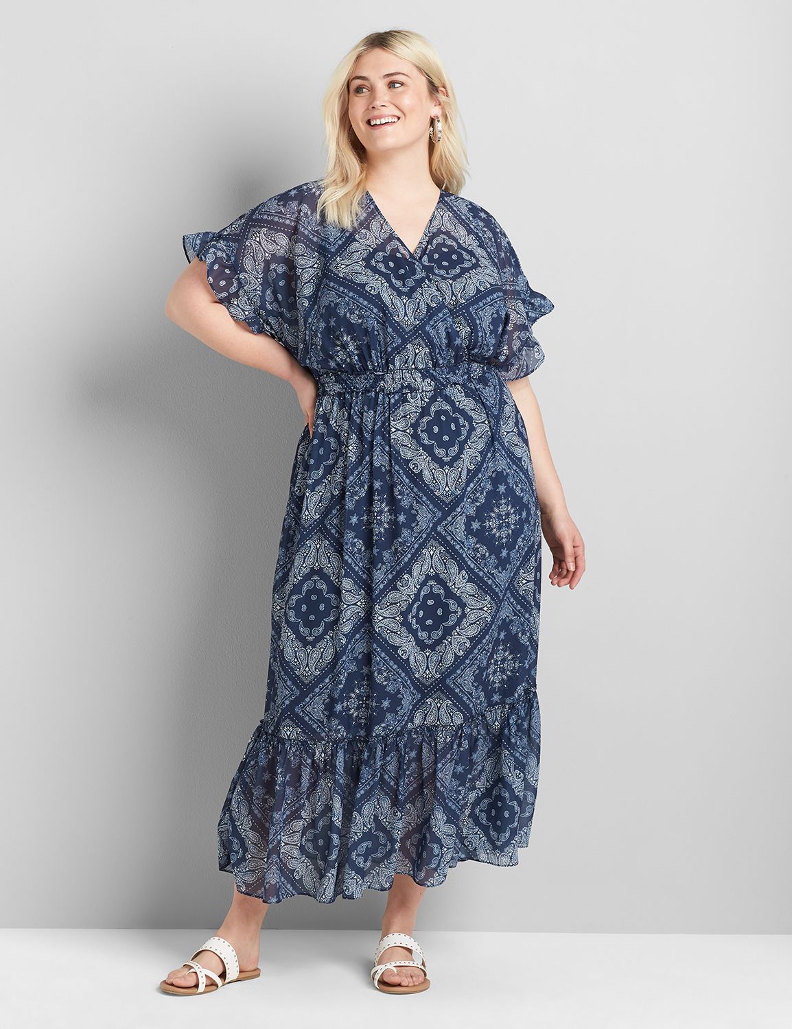 Elbow Sleeve Surplice Smocked Waist Chiffon Midi 1120649:AS SAMPLE:18/20 Product Image 1
