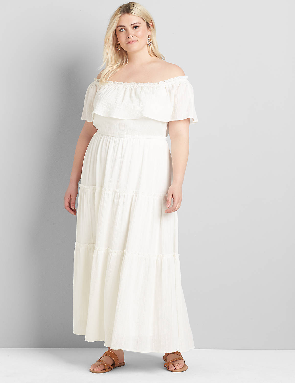 Short Sleeve Off The Shoulder Tiered Maxi 1120640:Ascena White:22/24 PETITE Product Image 1
