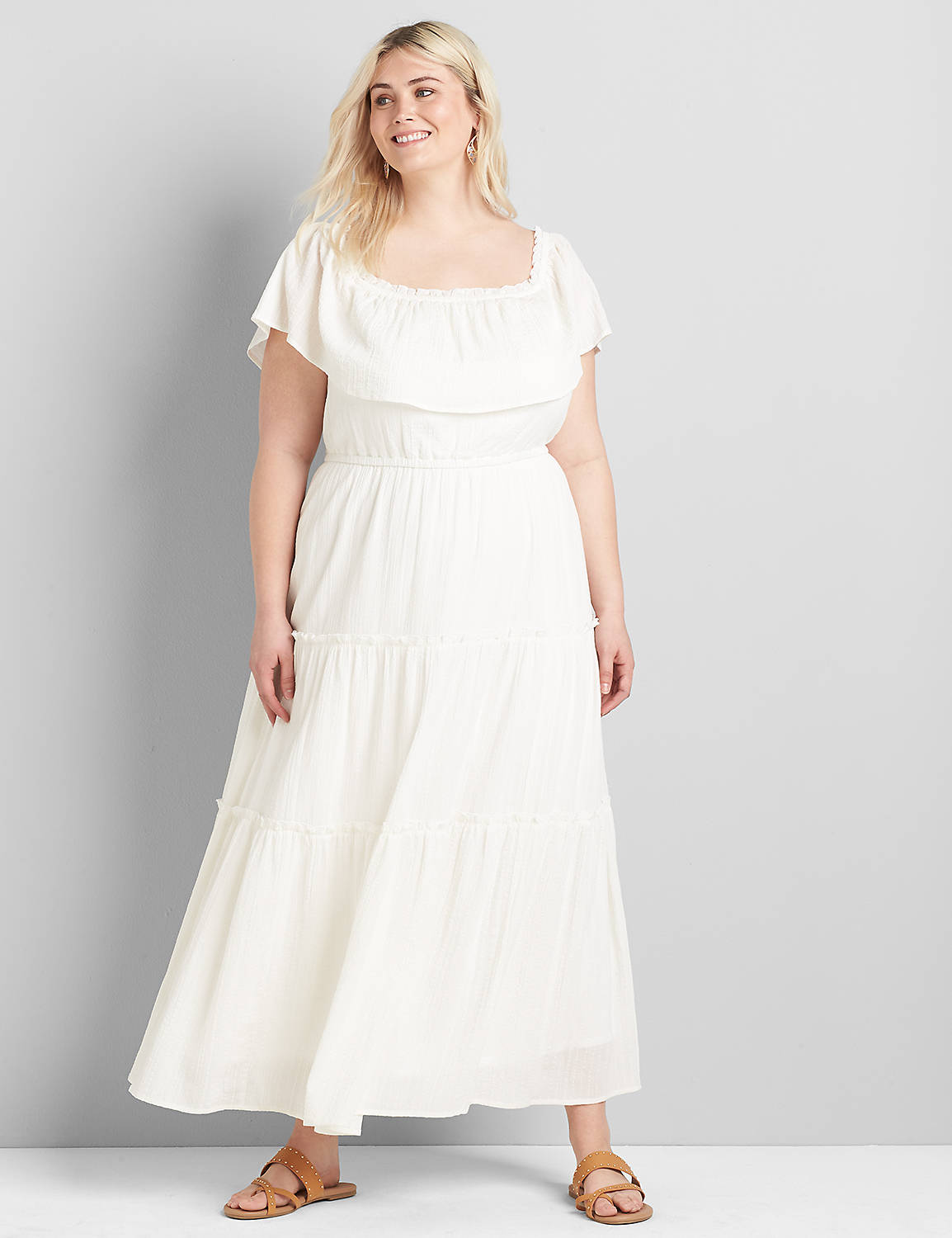Short Sleeve Off The Shoulder Tiered Maxi 1120640:Ascena White:22/24 PETITE Product Image 3