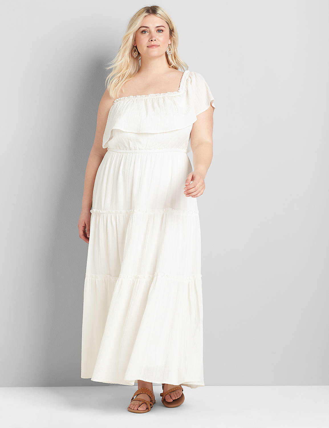 Short Sleeve Off The Shoulder Tiered Maxi 1120640:Ascena White:22/24 PETITE Product Image 4