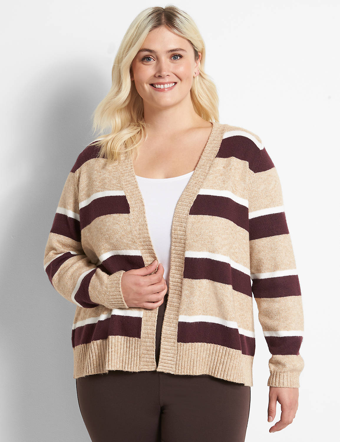 Long Sleeve Open Front Striped Cardigan 1122359:Camel Heather B0221:10/12 Product Image 1