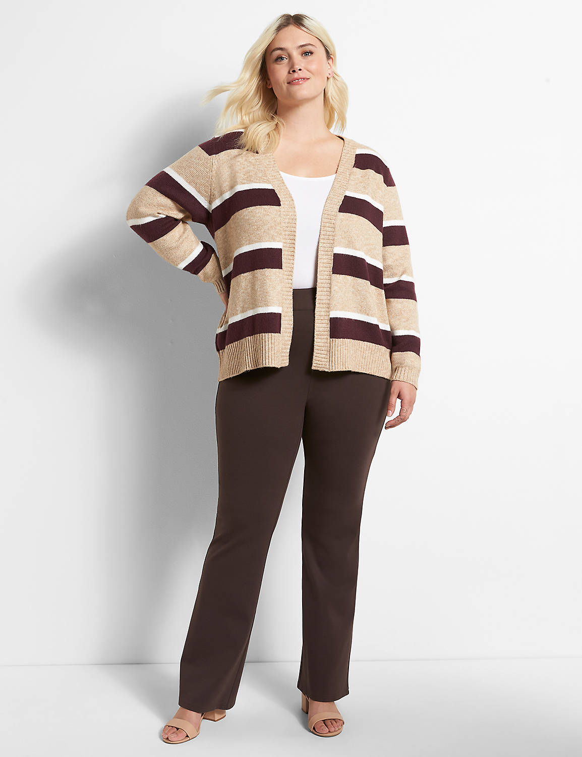 Long Sleeve Open Front Striped Cardigan 1122359:Camel Heather B0221:10/12 Product Image 3