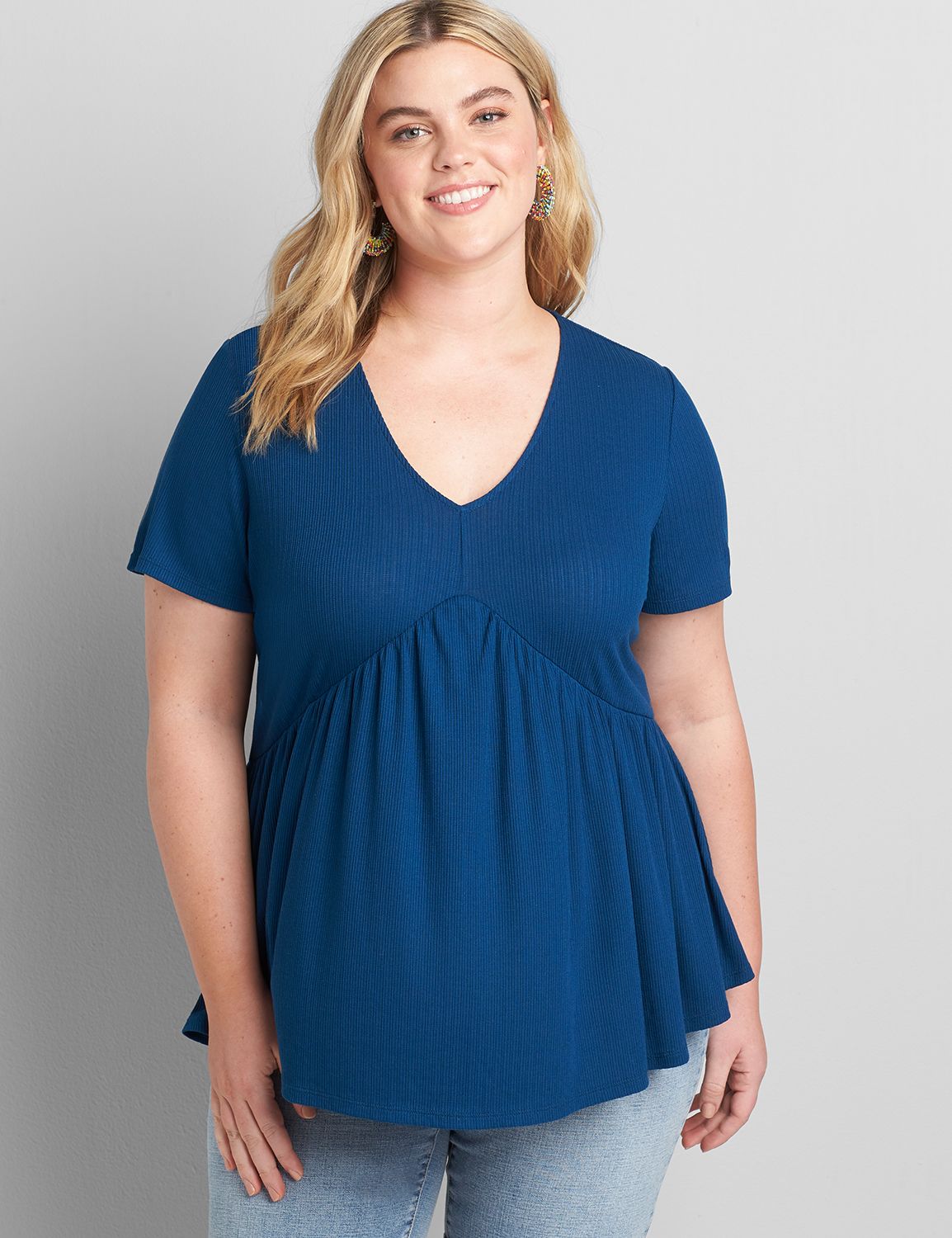 Short Sleeve V Neck Mix Panel Swing Tee Pointelle 1118839 copy of 1118836:PANTONE Poseidon:18/20 Product Image 1
