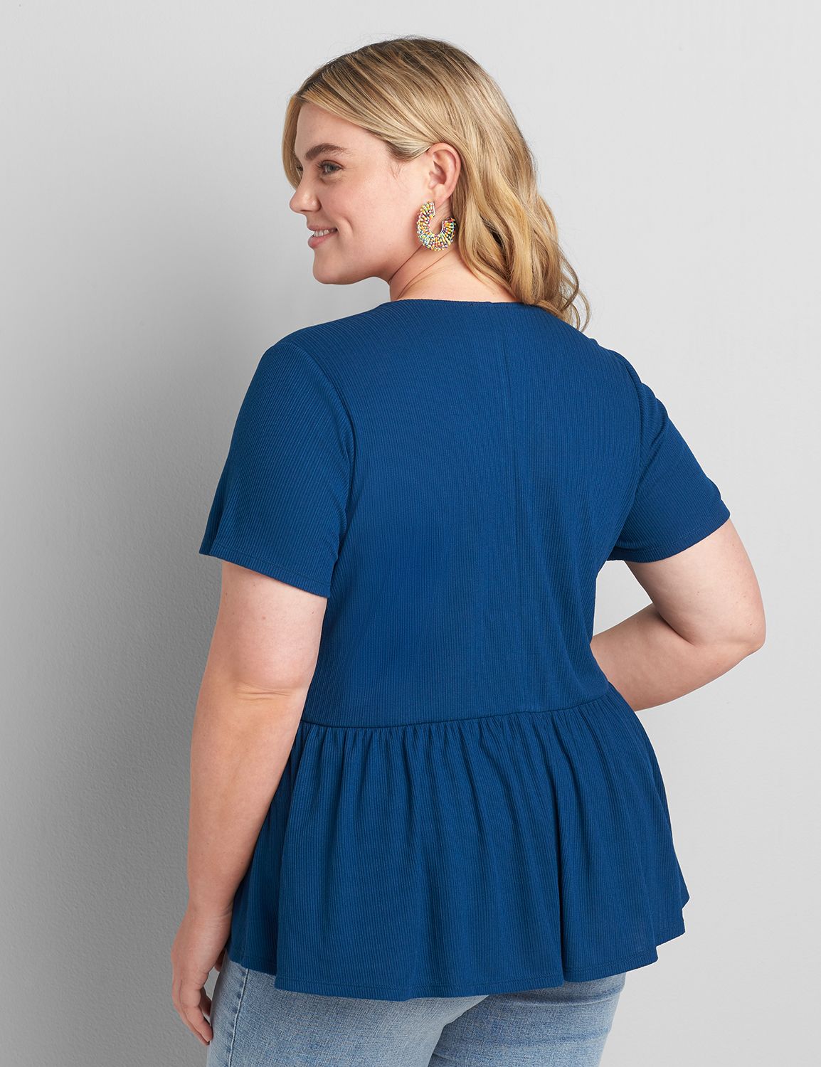 Short Sleeve V Neck Mix Panel Swing Tee Pointelle 1118839 copy of 1118836:PANTONE Poseidon:18/20 Product Image 2