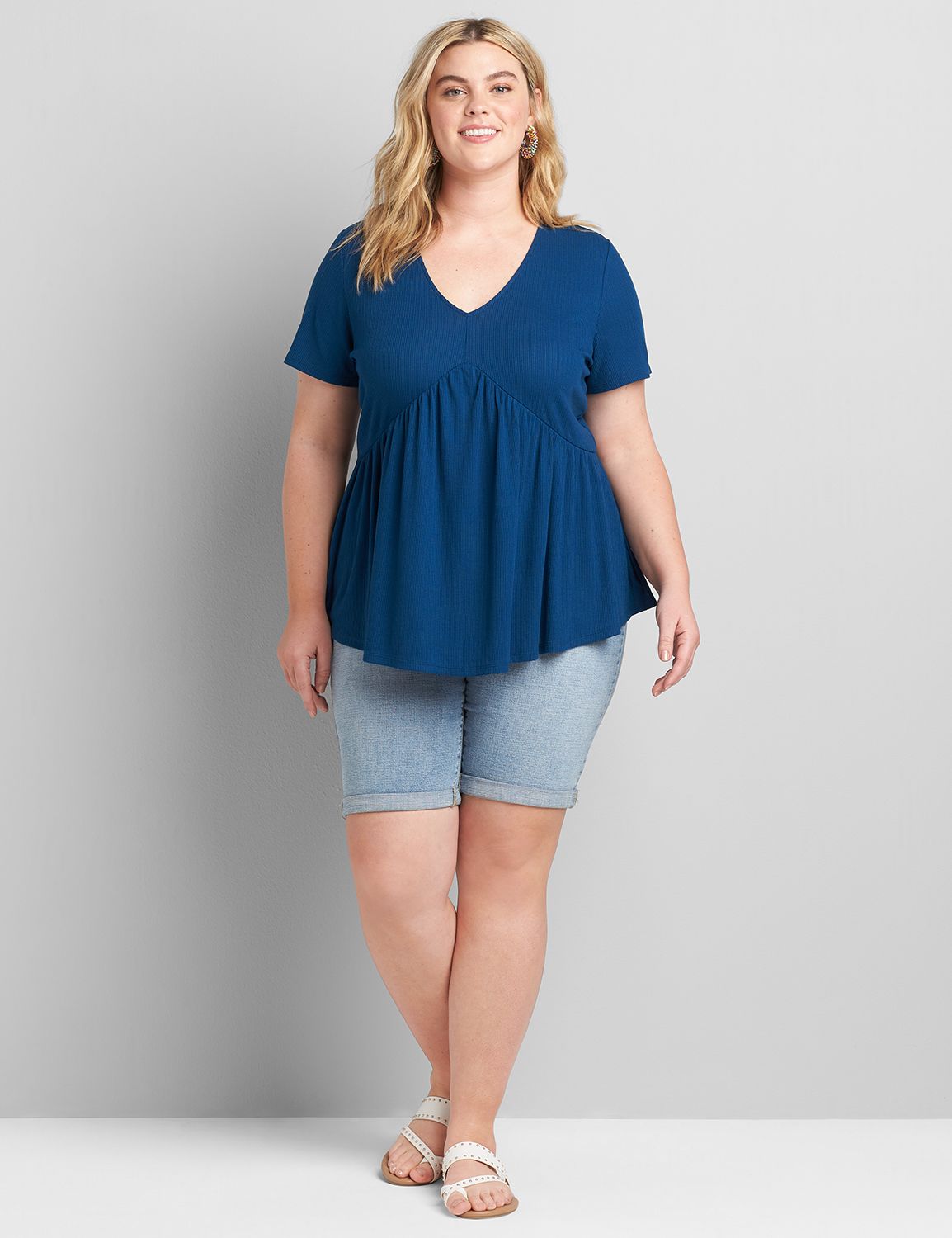 Short Sleeve V Neck Mix Panel Swing Tee Pointelle 1118839 copy of 1118836:PANTONE Poseidon:18/20 Product Image 3