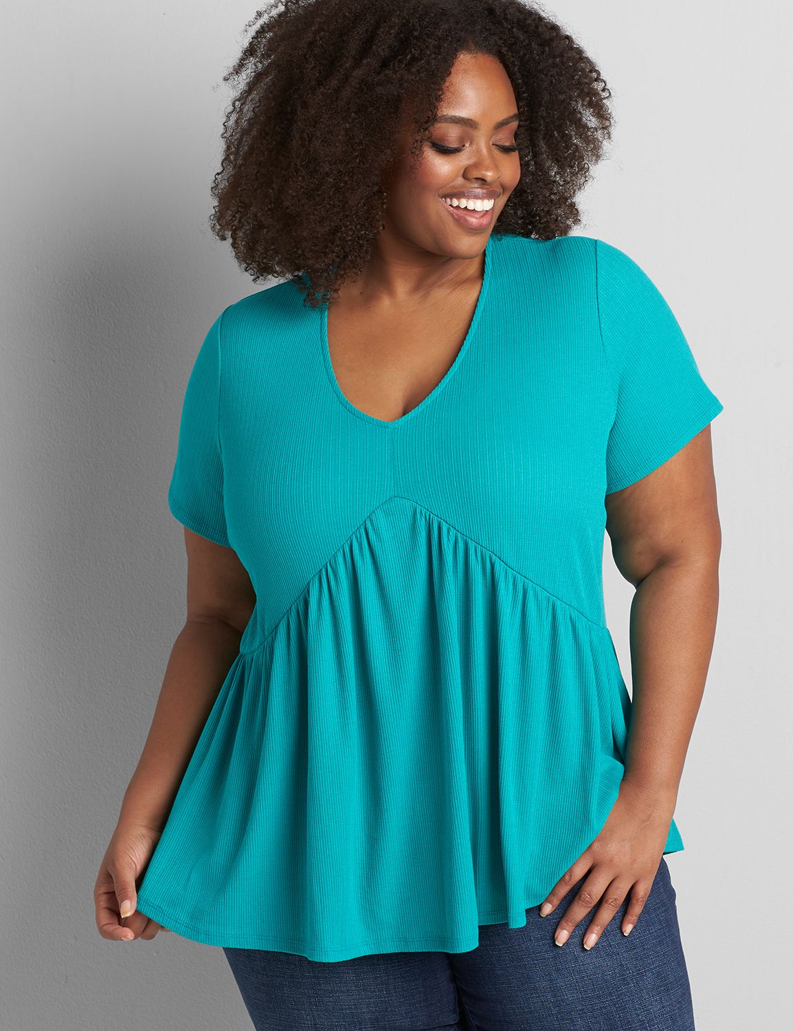 Short Sleeve V Neck Mix Panel Swing Tee Pointelle 1118839 copy of 1118836:PANTONE Navigate:18/20 Product Image 1