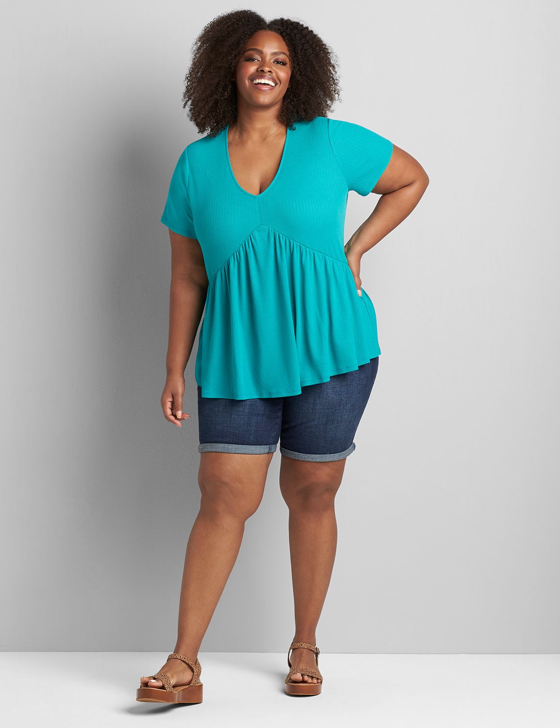 Short Sleeve V Neck Mix Panel Swing Tee Pointelle 1118839 copy of 1118836:PANTONE Navigate:18/20 Product Image 3