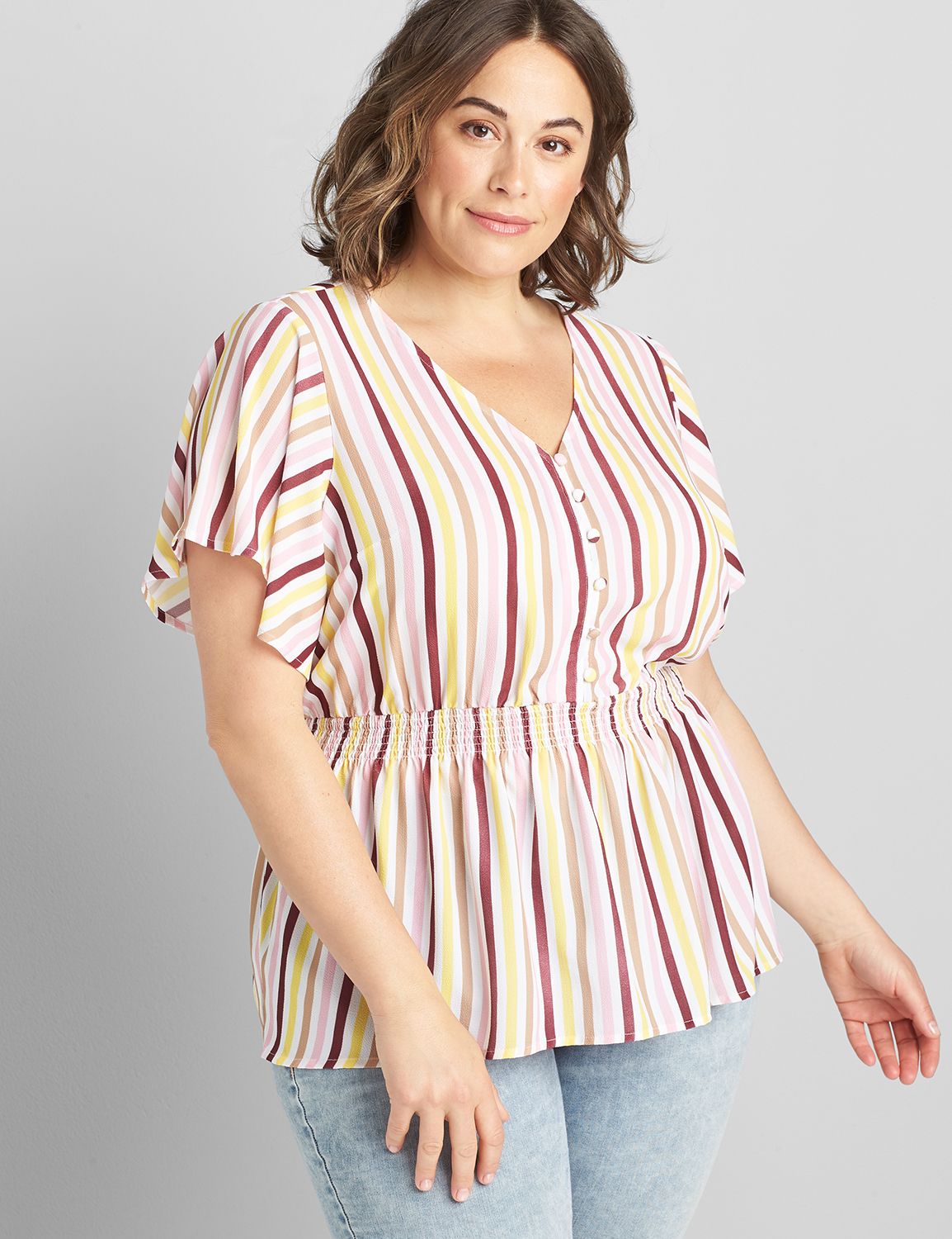 Short-Sleeve V-Neck Smock Waist Top