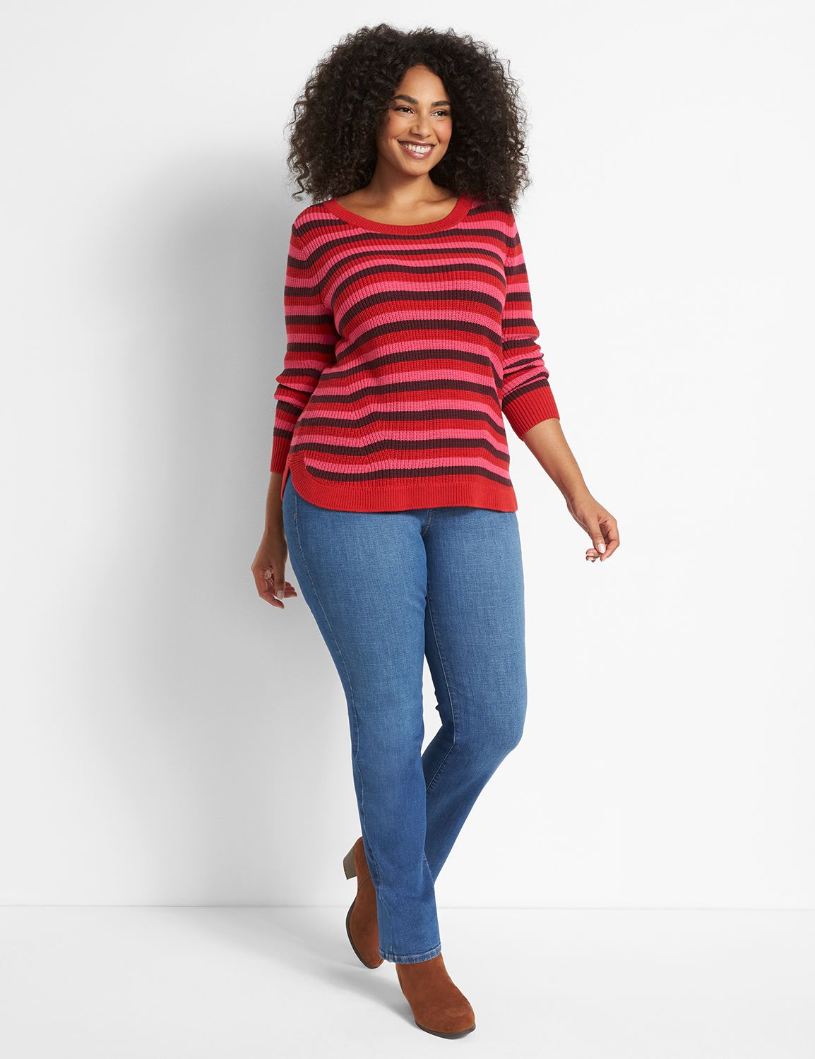 Long Sleeve Open Crew Neck Curved Hem Pullover 1121039:PANTONE Haute Red:10/12 Product Image 3