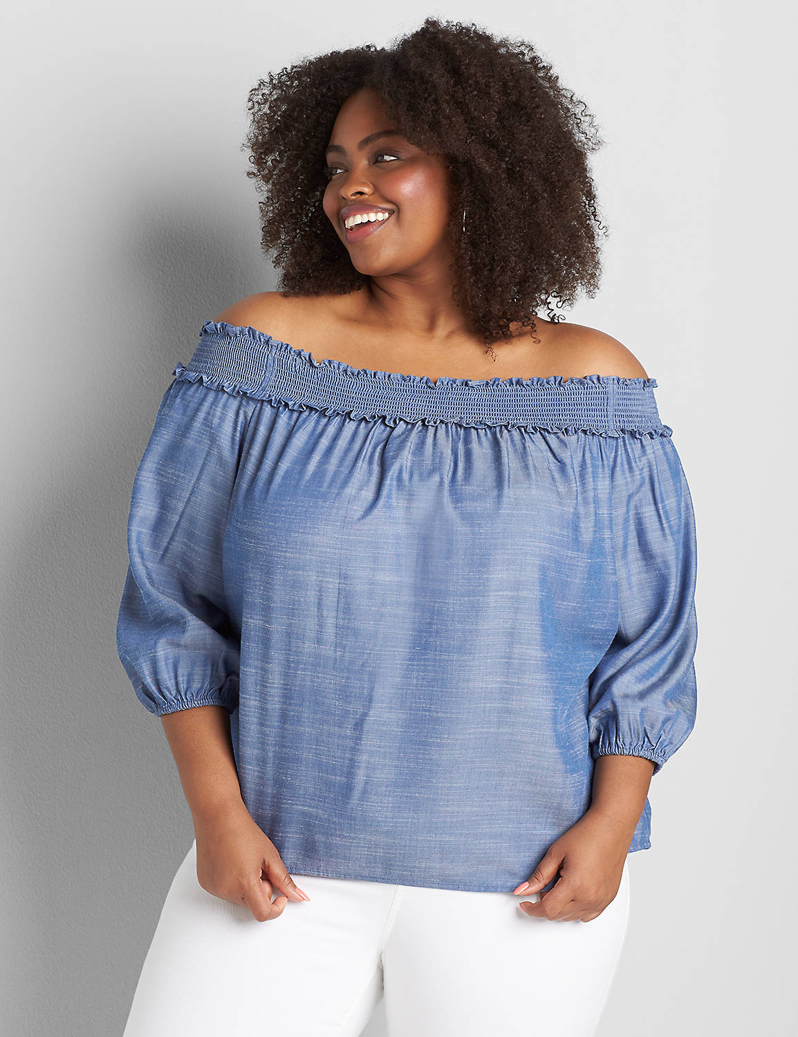 3/4 Sleeve Chambray Off-the-Shoulder Top Product Image 1