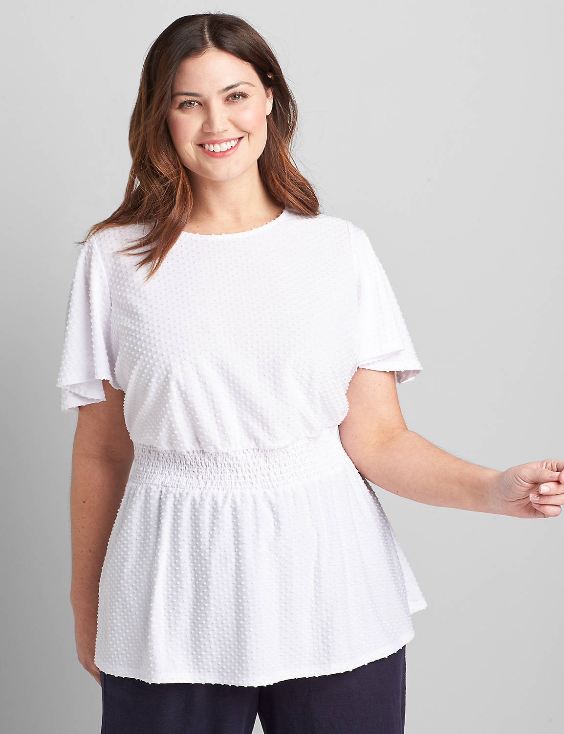 Short Sleeve Crew Neck Top With Waist Smocking In Swiss Dot 1121277:Ascena White:14/16 Product Image 1