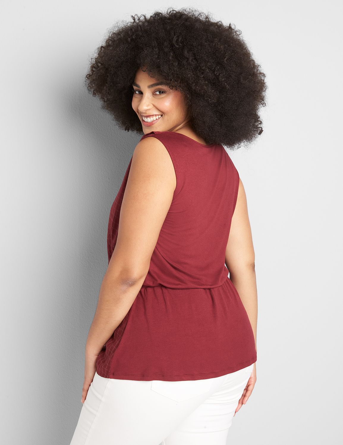 Sleeveless VNeck Tank With Woven Front & Ruffle 1121288:PANTONE