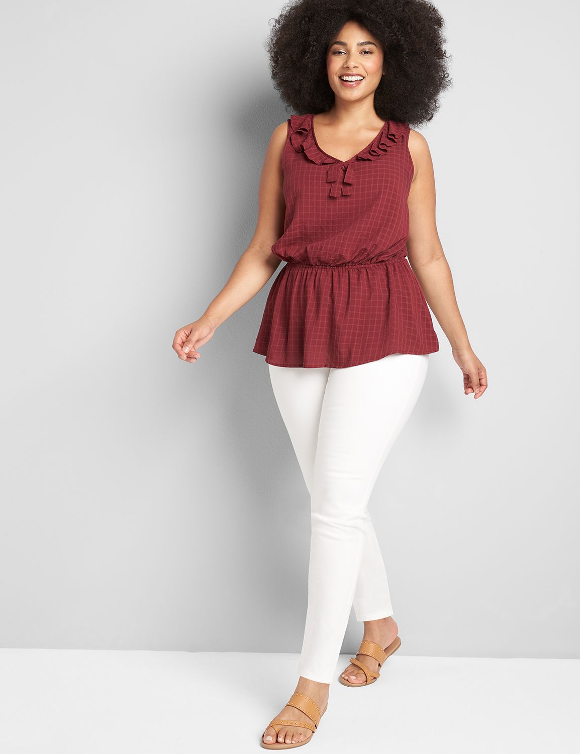Sleeveless VNeck Tank With Woven Front & Ruffle 1121288:PANTONE