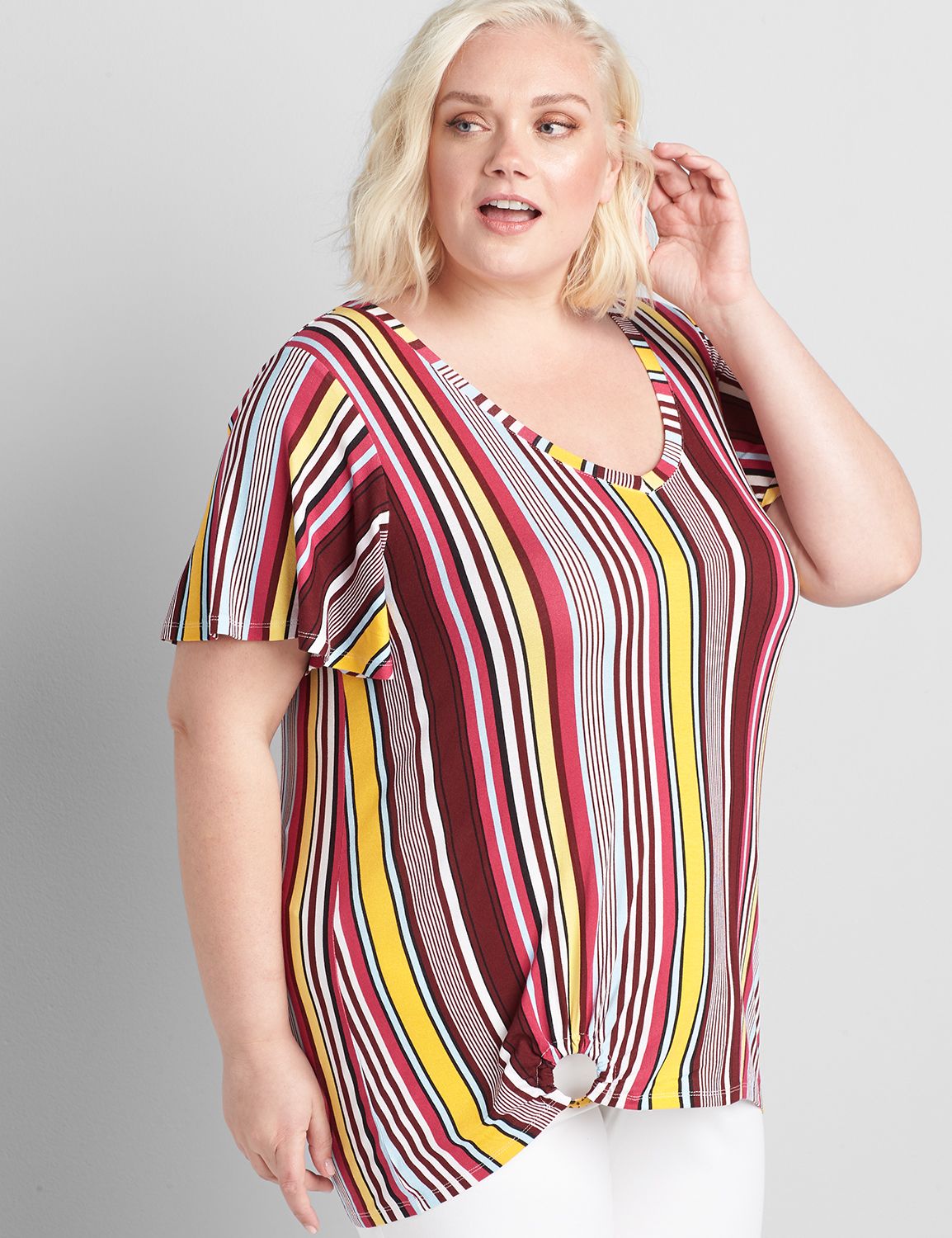Flutter-Sleeve V-Neck Tee With Ring At Hem Product Image 1
