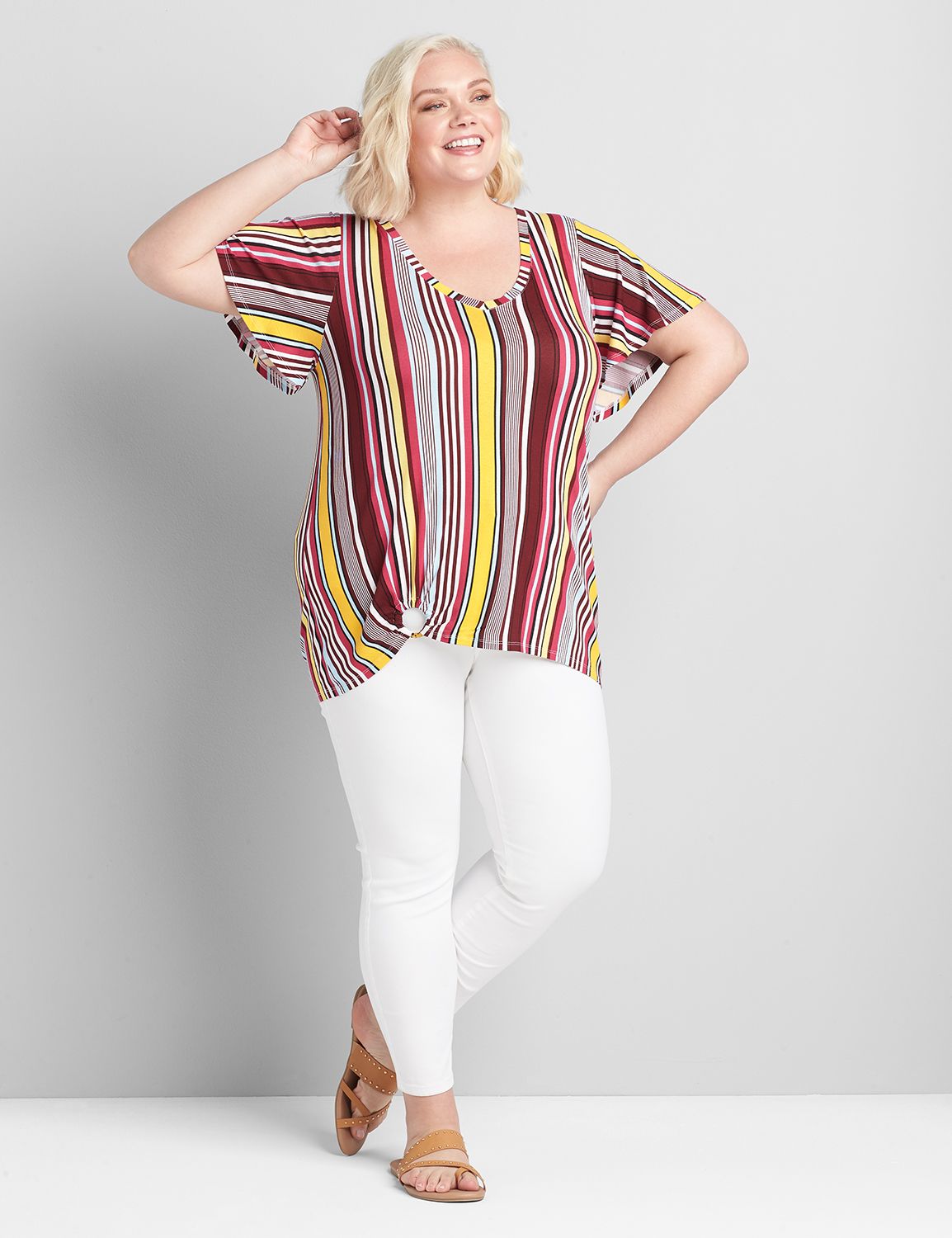 Flutter-Sleeve V-Neck Tee With Ring At Hem Product Image 3