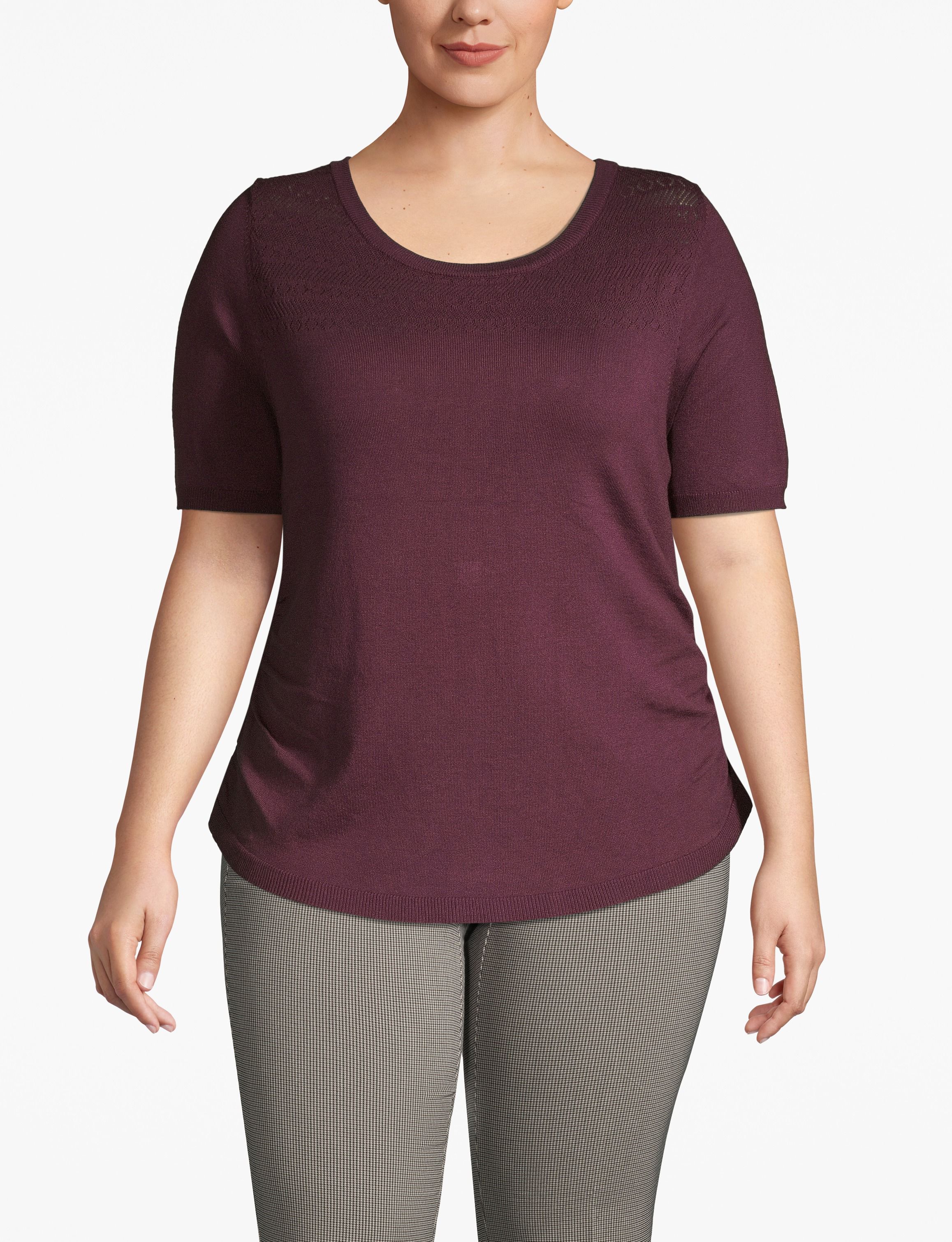 Modest Scoop Neck Side Shirred Pointelle Yoke Sweater:PANTONE Winetasting:22/24 Product Image 1