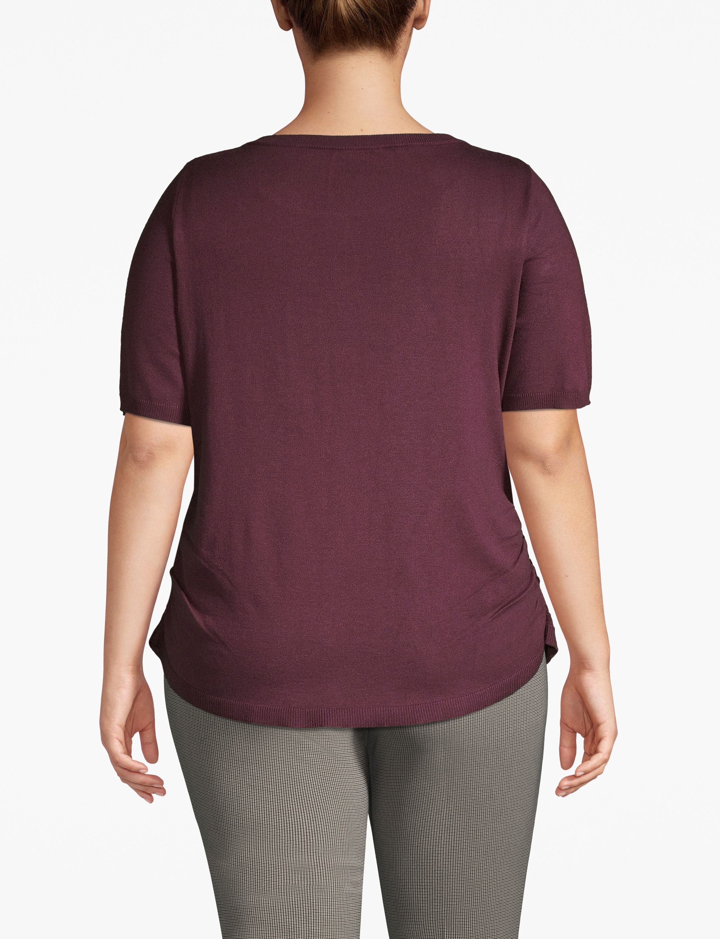 Modest Scoop Neck Side Shirred Pointelle Yoke Sweater:PANTONE Winetasting:22/24 Product Image 2