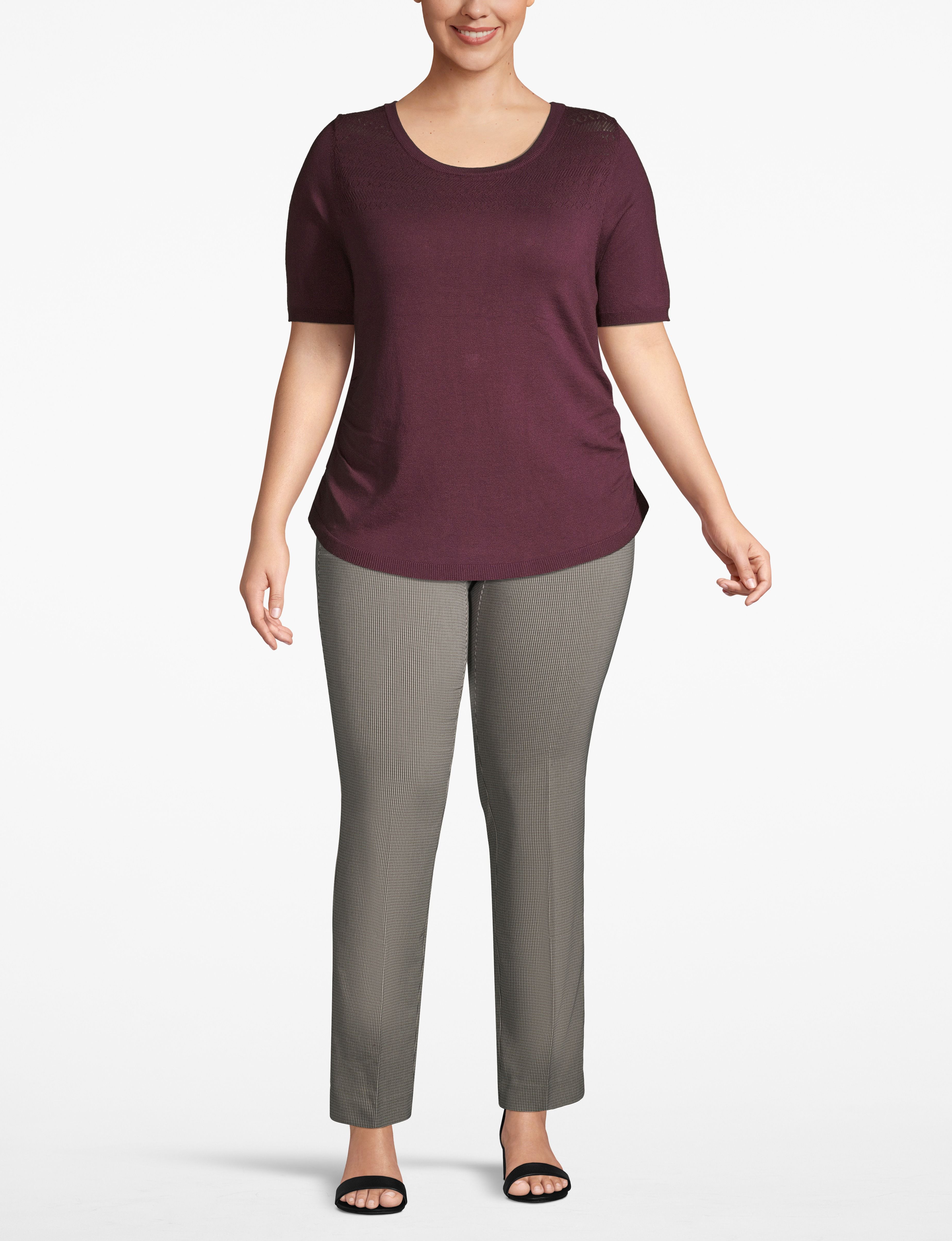Modest Scoop Neck Side Shirred Pointelle Yoke Sweater:PANTONE Winetasting:22/24 Product Image 3