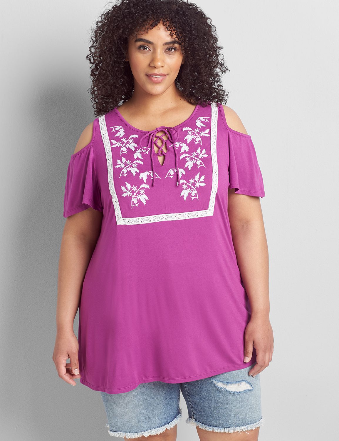 Short Flutter Sleeve Crew Neck Swing Tee With Embroidery And Lace Up 1120775:Romantic Rose 61-0004-14:14/16 Product Image 1