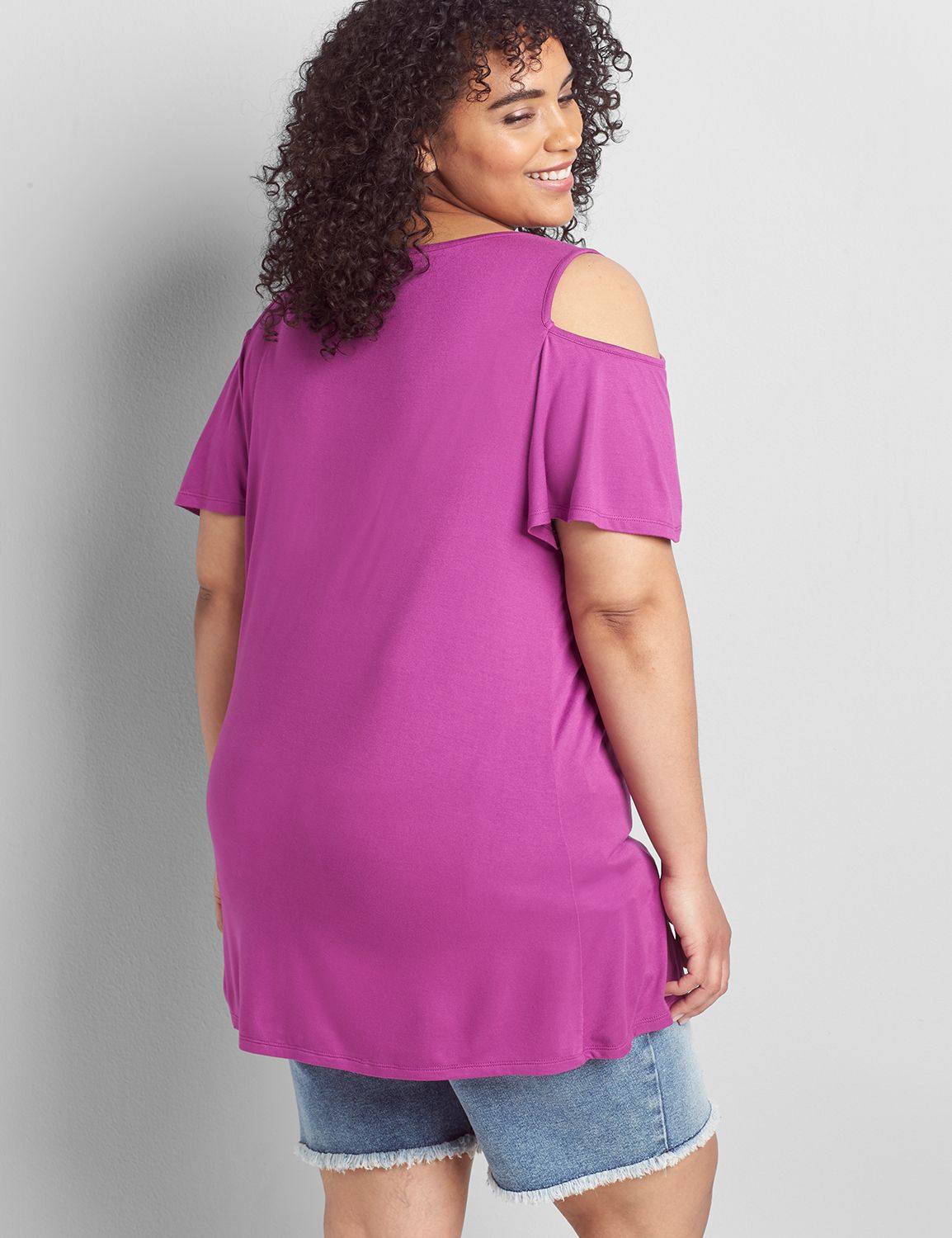 Short Flutter Sleeve Crew Neck Swing Tee With Embroidery And Lace Up 1120775:Romantic Rose 61-0004-14:14/16 Product Image 2