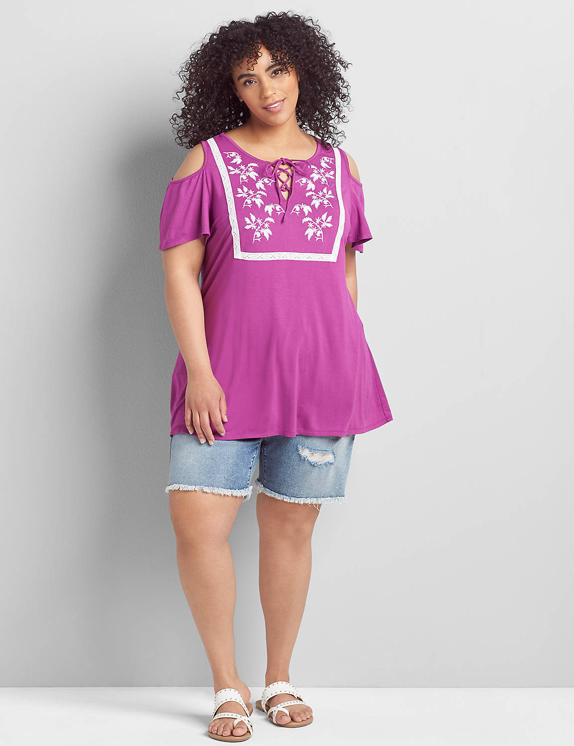 Short Flutter Sleeve Crew Neck Swing Tee With Embroidery And Lace Up 1120775:Romantic Rose 61-0004-14:14/16 Product Image 3