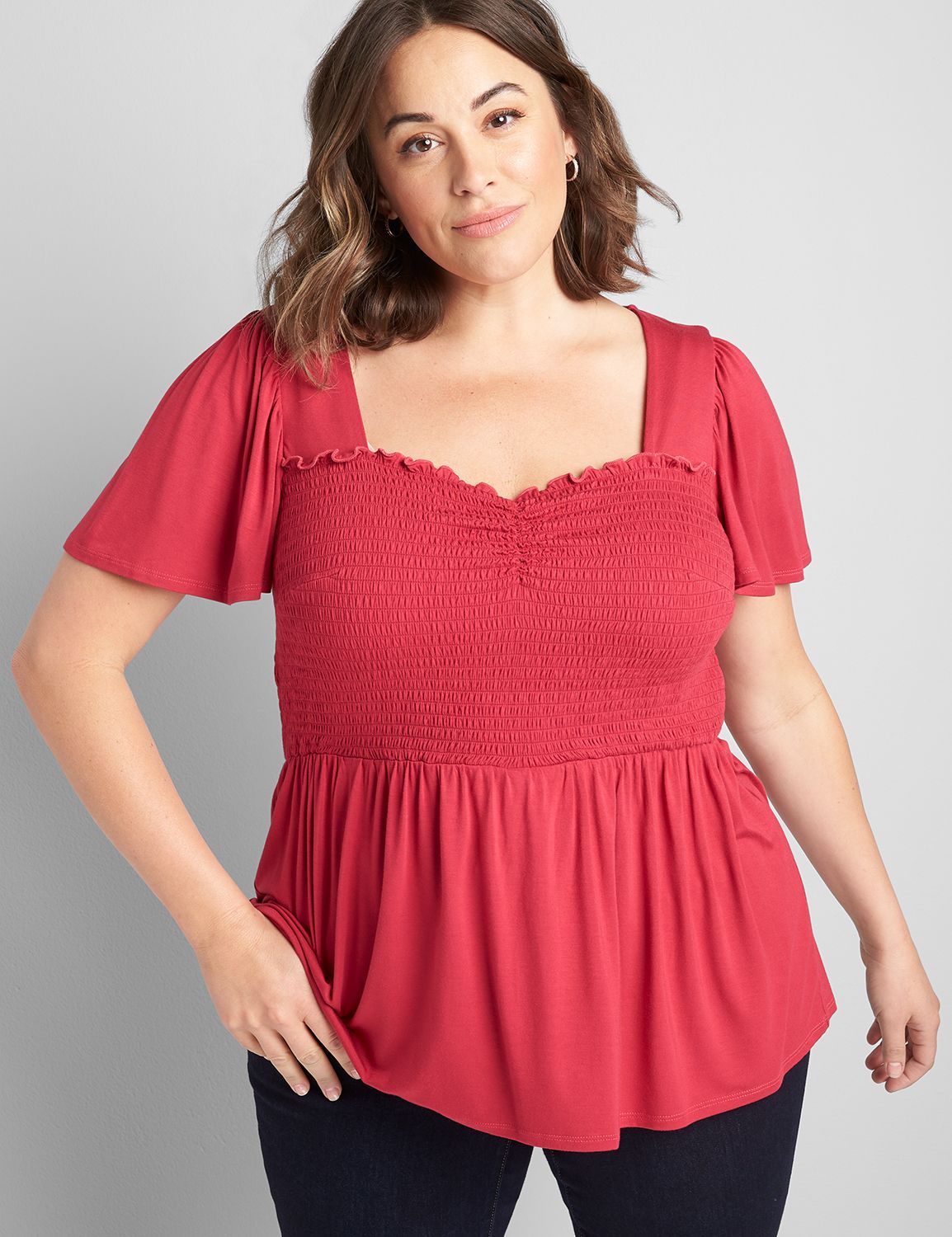 Smocked-Front Peplum Knit Blouse Product Image 1