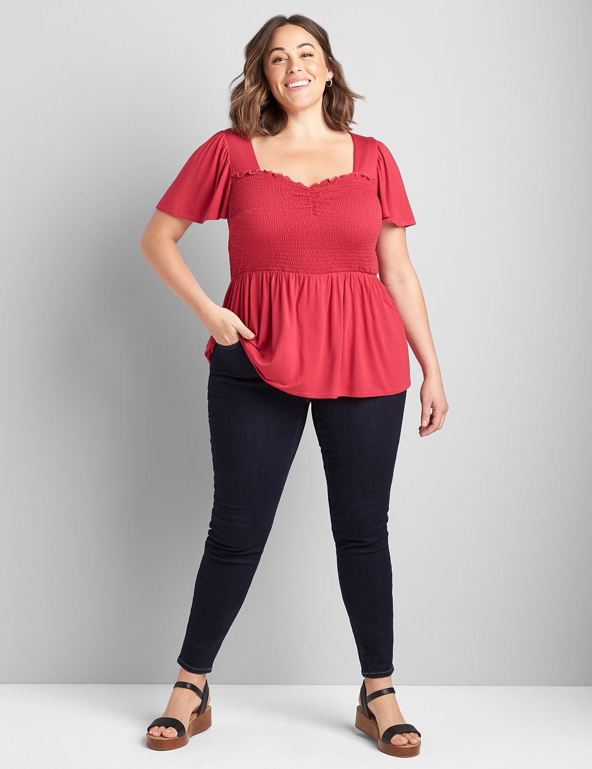 Smocked-Front Peplum Knit Blouse Product Image 3