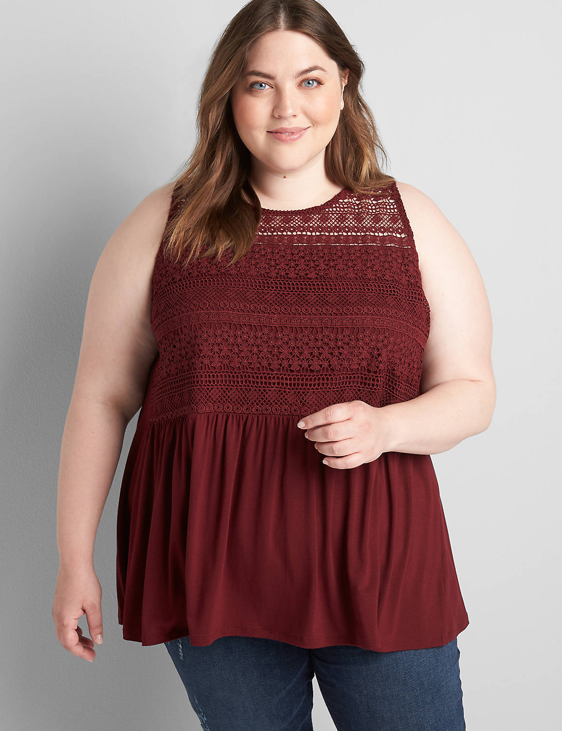 Crew-Neck Swing Tank With Lace Overlay Product Image 1
