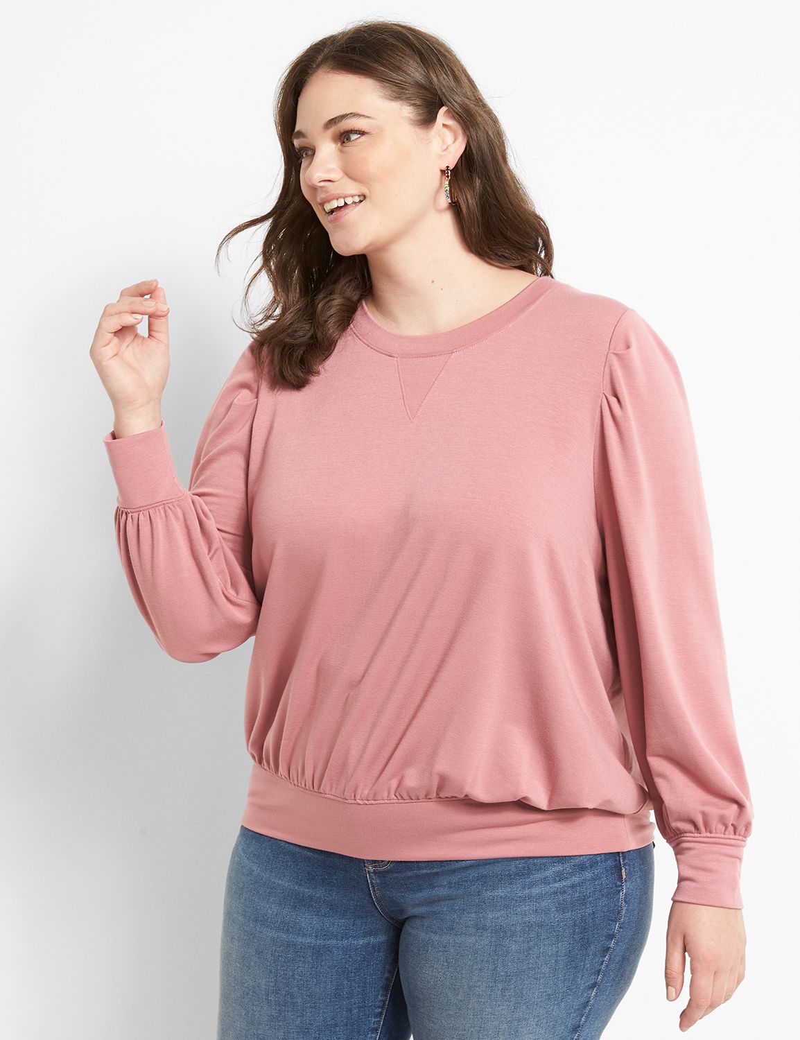 Long Pleat Sleeve Crew Neck Sweatshirt 1122347:PANTONE Mesa Rose:10/12 Product Image 1