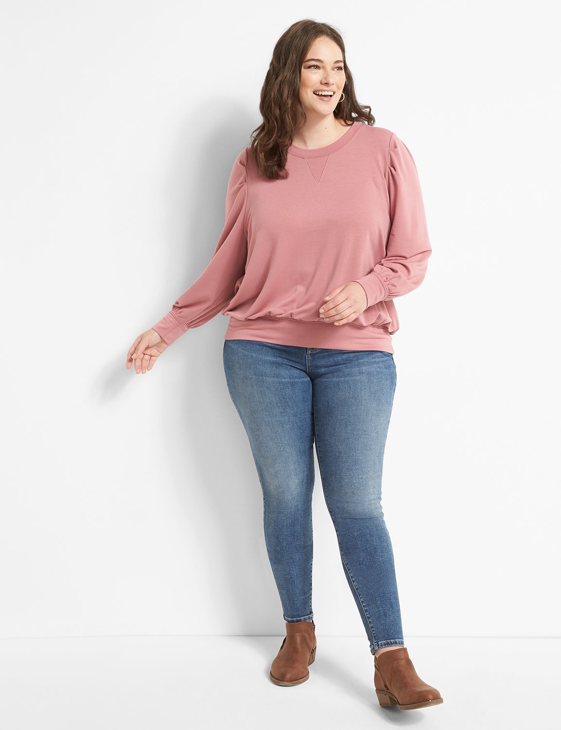 Long Pleat Sleeve Crew Neck Sweatshirt 1122347:PANTONE Mesa Rose:10/12 Product Image 3
