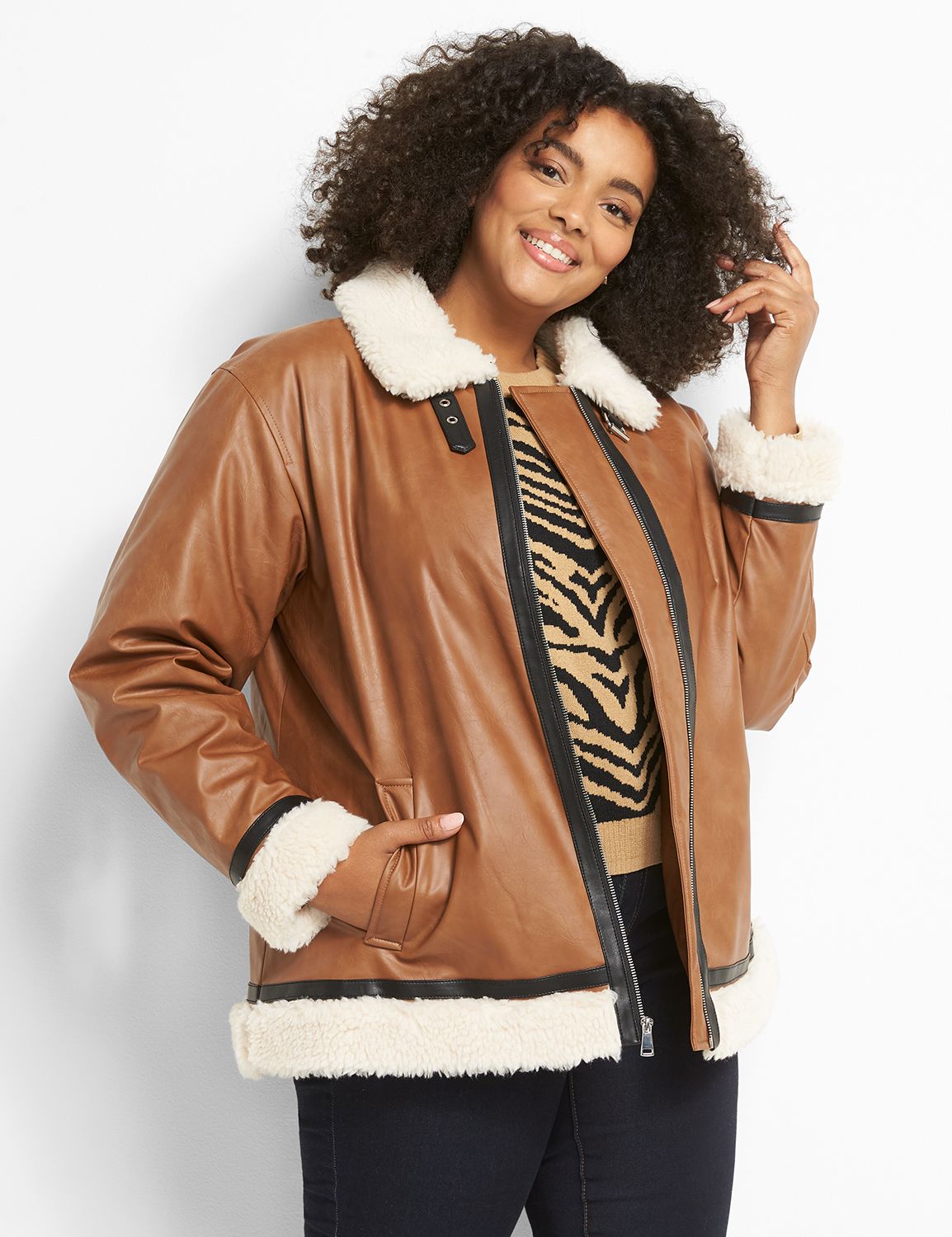 Faux Leather trimmed shearling jack