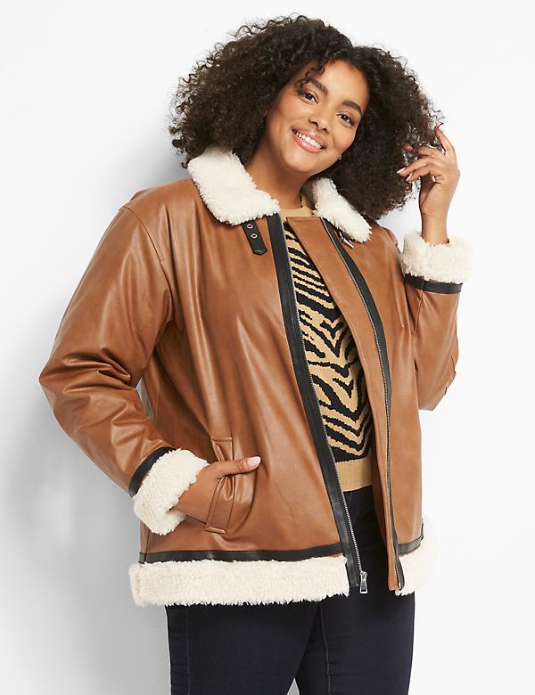 Faux-Leather Jacket With Faux-Shearling Trim