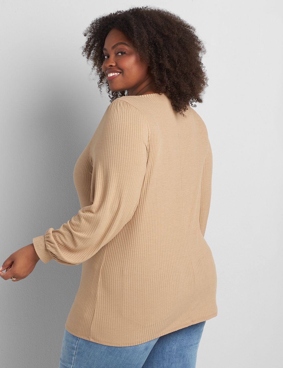 Long Blouson Sleeve Square Neck Button Front Knit Blouse 1122360:PANTONE Tannin:38/40 Product Image 2