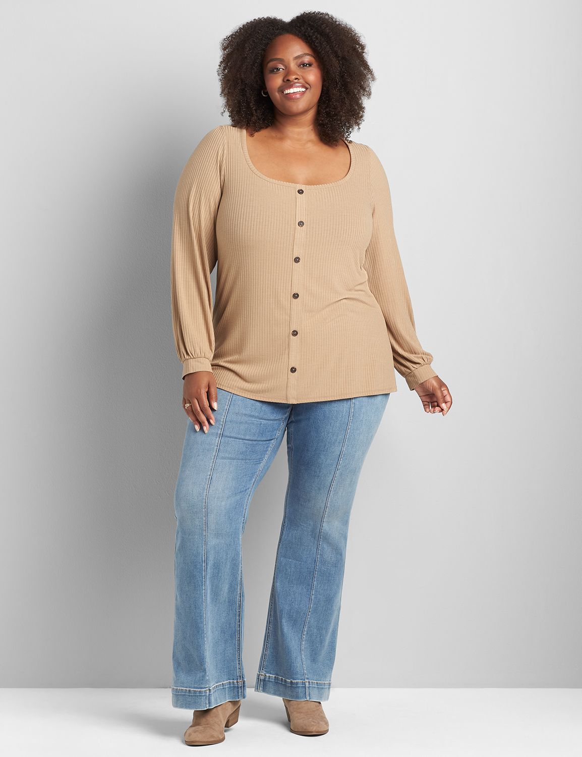 Long Blouson Sleeve Square Neck Button Front Knit Blouse 1122360:PANTONE Tannin:38/40 Product Image 3