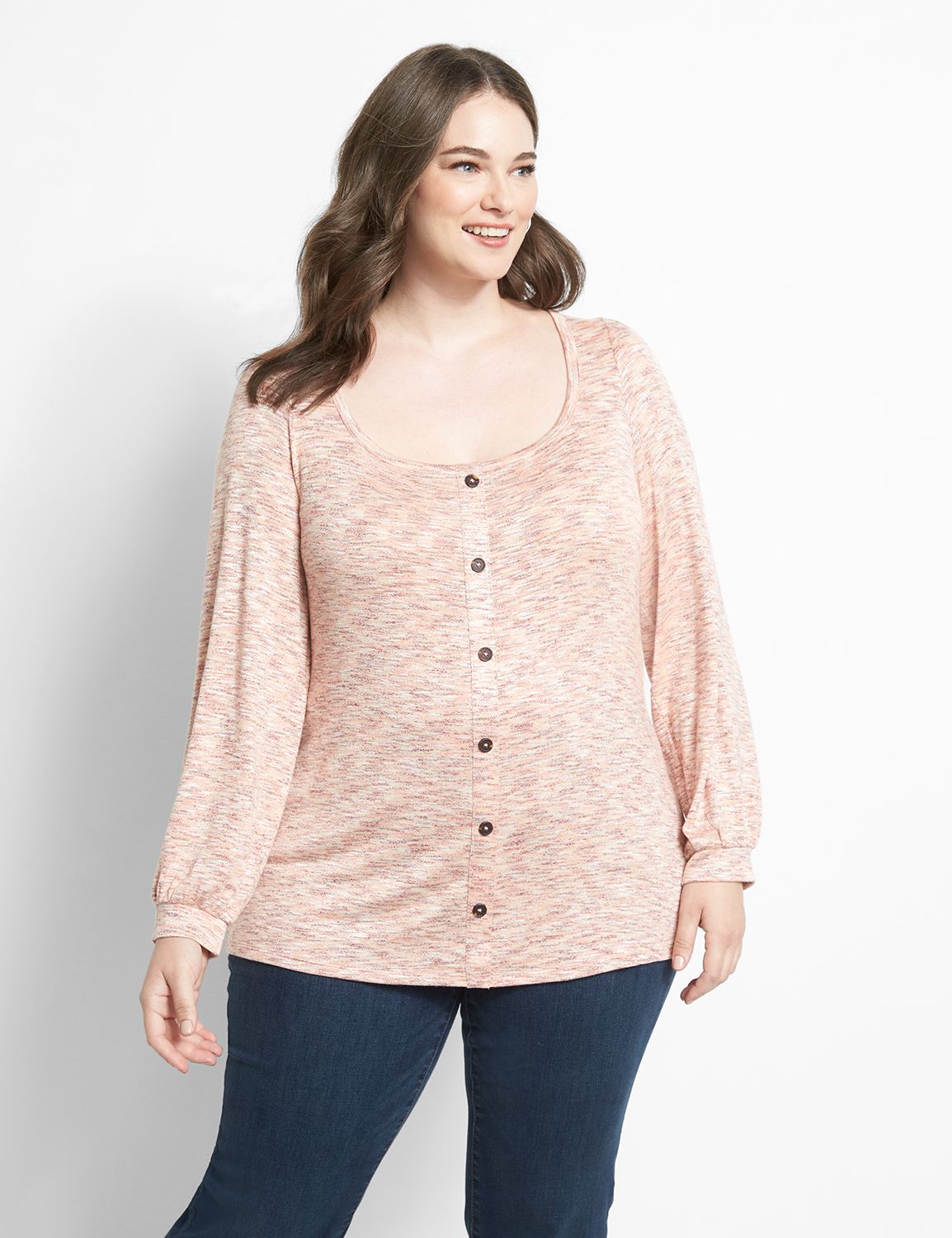 Long Blouson Sleeve Square Neck Button Front Knit Blouse In Space Dye Hacci 1123027:Space Dye:10/12 Product Image 1