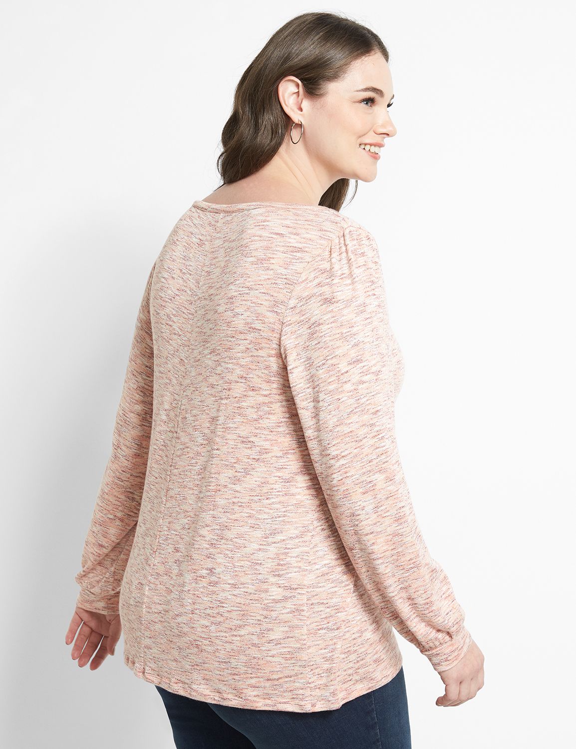 Long Blouson Sleeve Square Neck Button Front Knit Blouse In Space Dye Hacci 1123027:Space Dye:10/12 Product Image 2