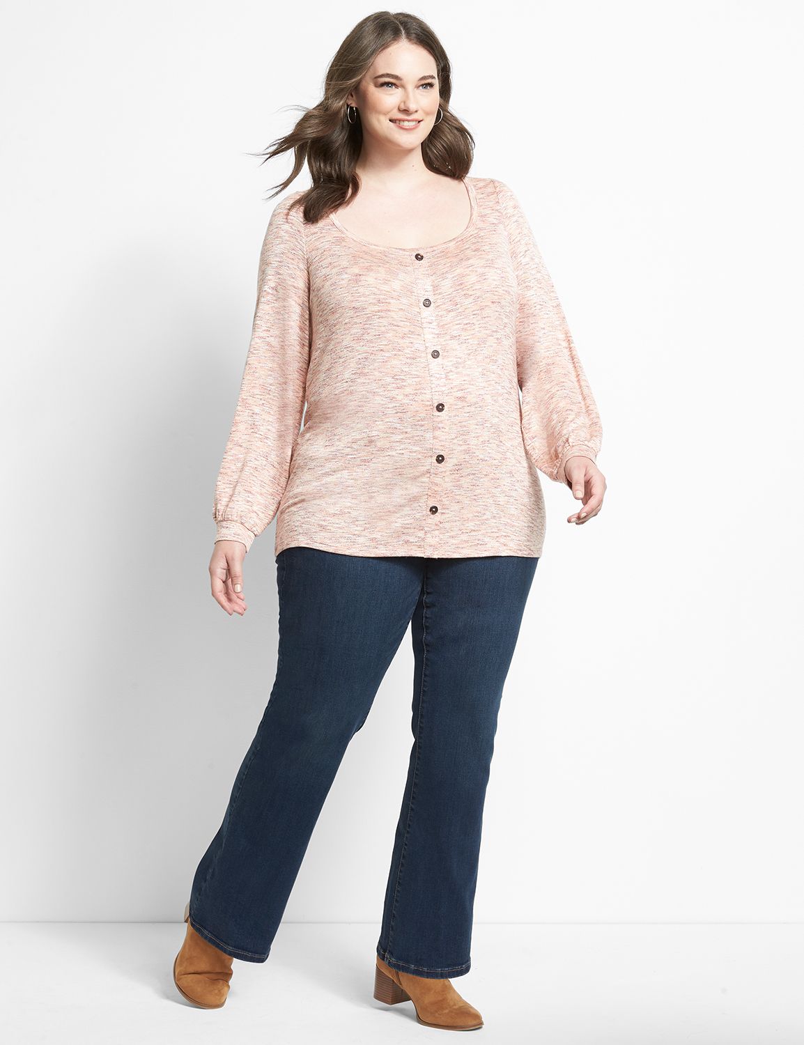Long Blouson Sleeve Square Neck Button Front Knit Blouse In Space Dye Hacci 1123027:Space Dye:10/12 Product Image 3