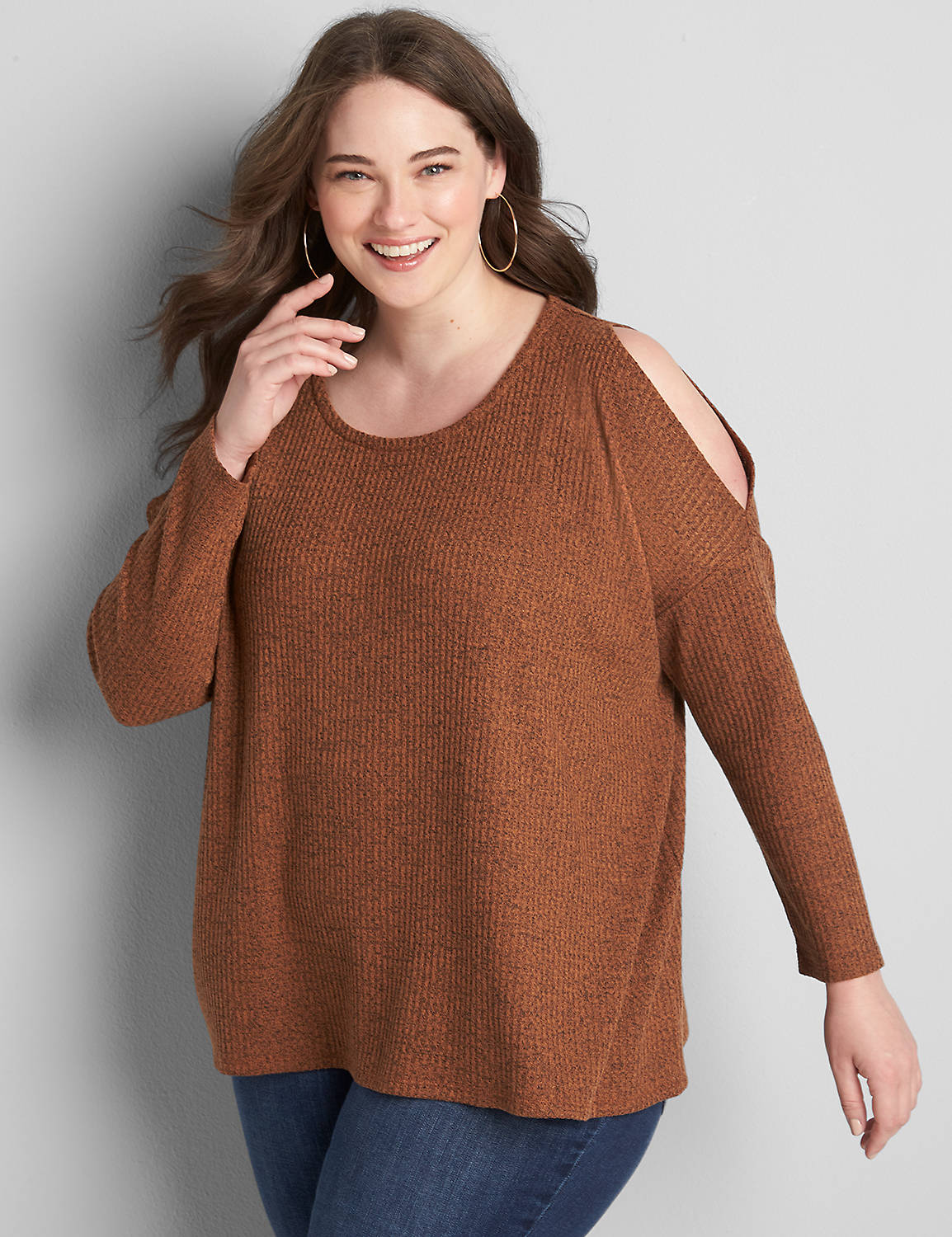 Long Sleeve Open Crew Neck With Cutout Shoulders In Brushed Waffle 1121911:PANTONE Argan Oil:14/16 Product Image 1
